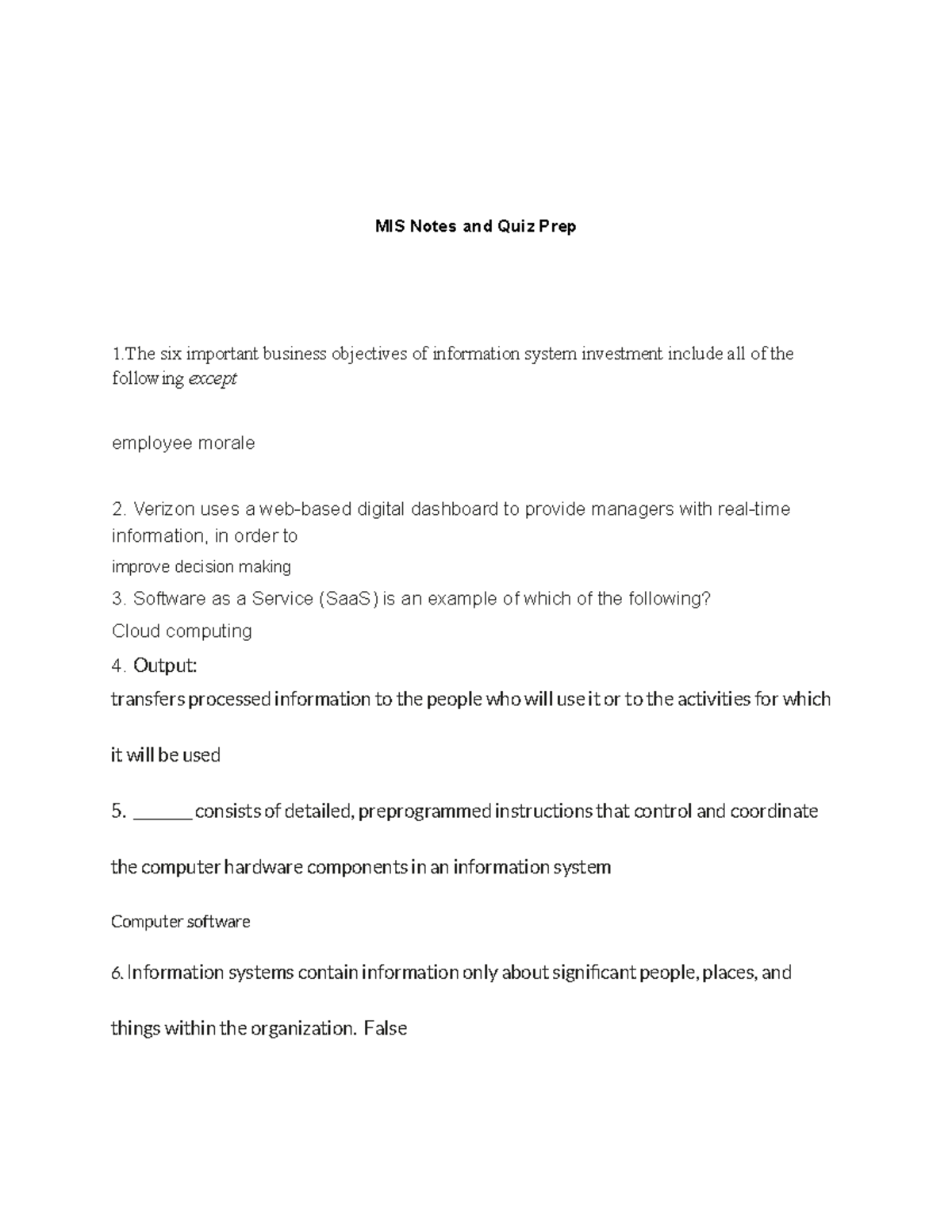 MIS Quiz - Quiz/Midterm Prep - MIS Notes And Quiz Prep 1 Six Important ...