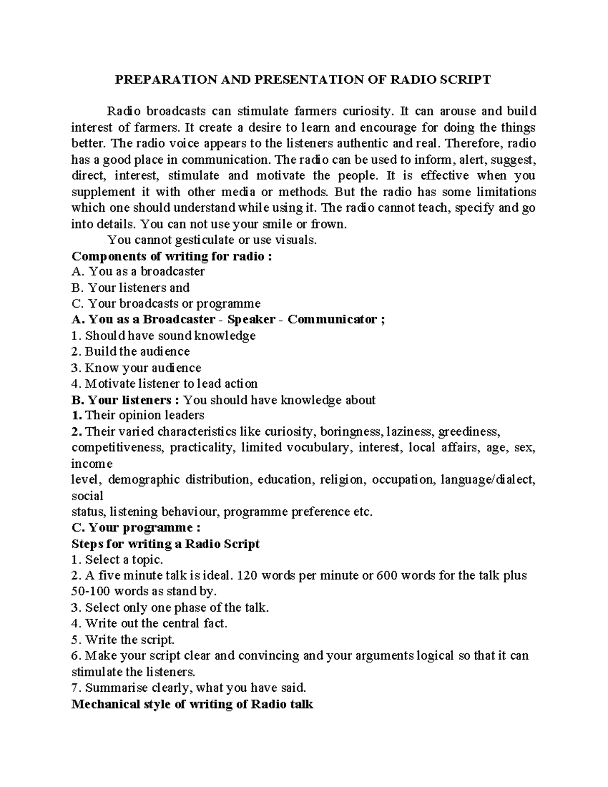 Preparation AND Presentation OF Radio Script PREPARATION AND