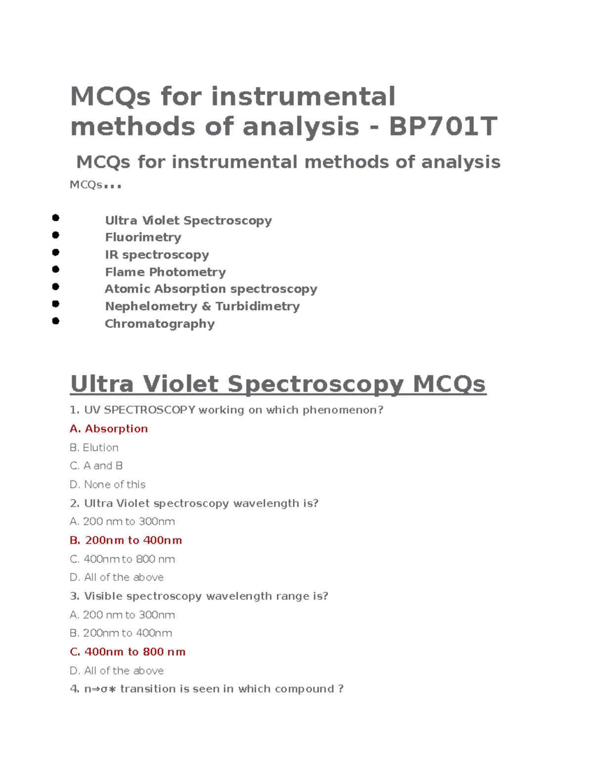 UNIT I MCQ OF INSTRUMENTAL METHOD OF ANALYSIS MCQs for instrumental