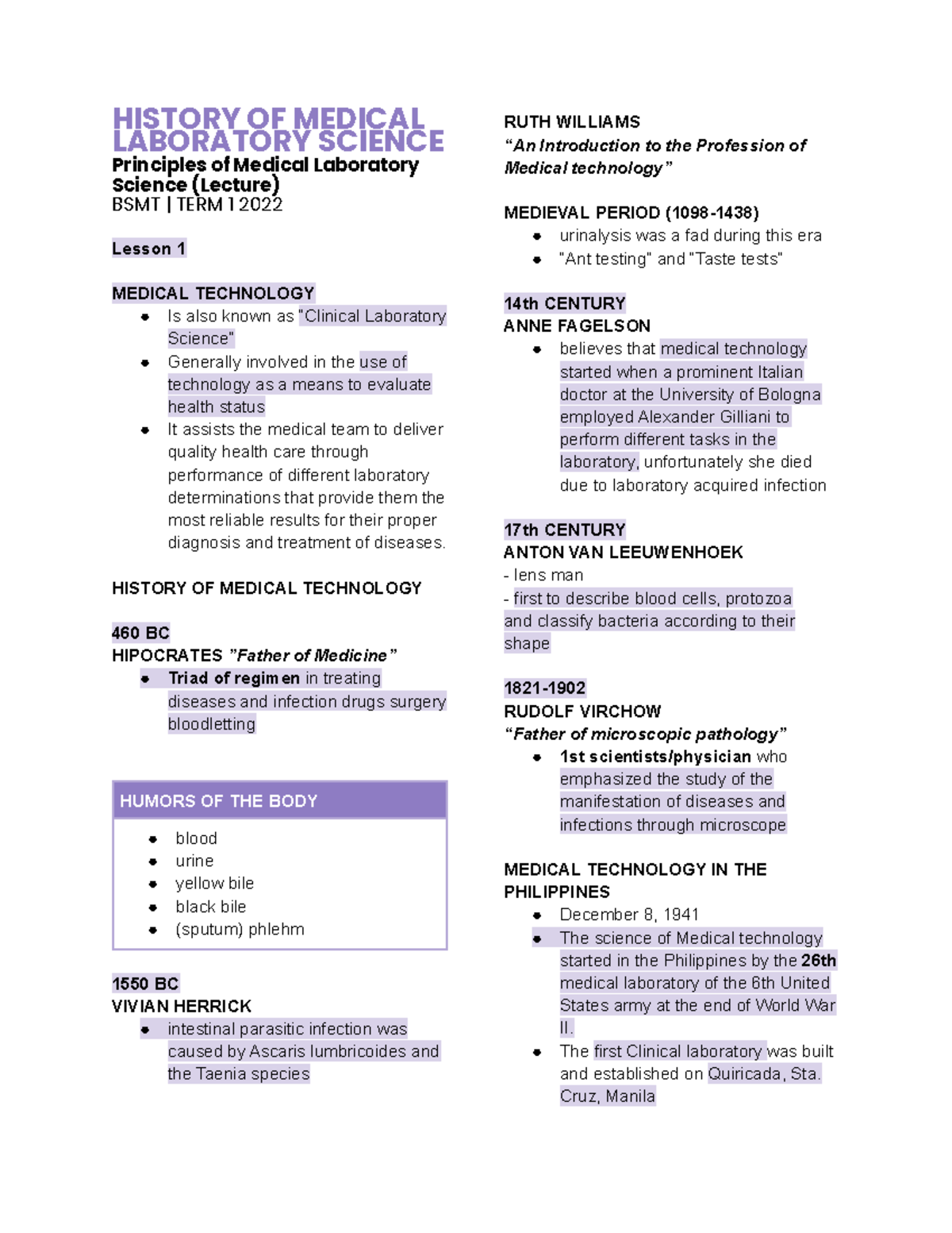 PLMS Notes asdf HISTORY OF MEDICAL LABORATORY SCIENCE Principles