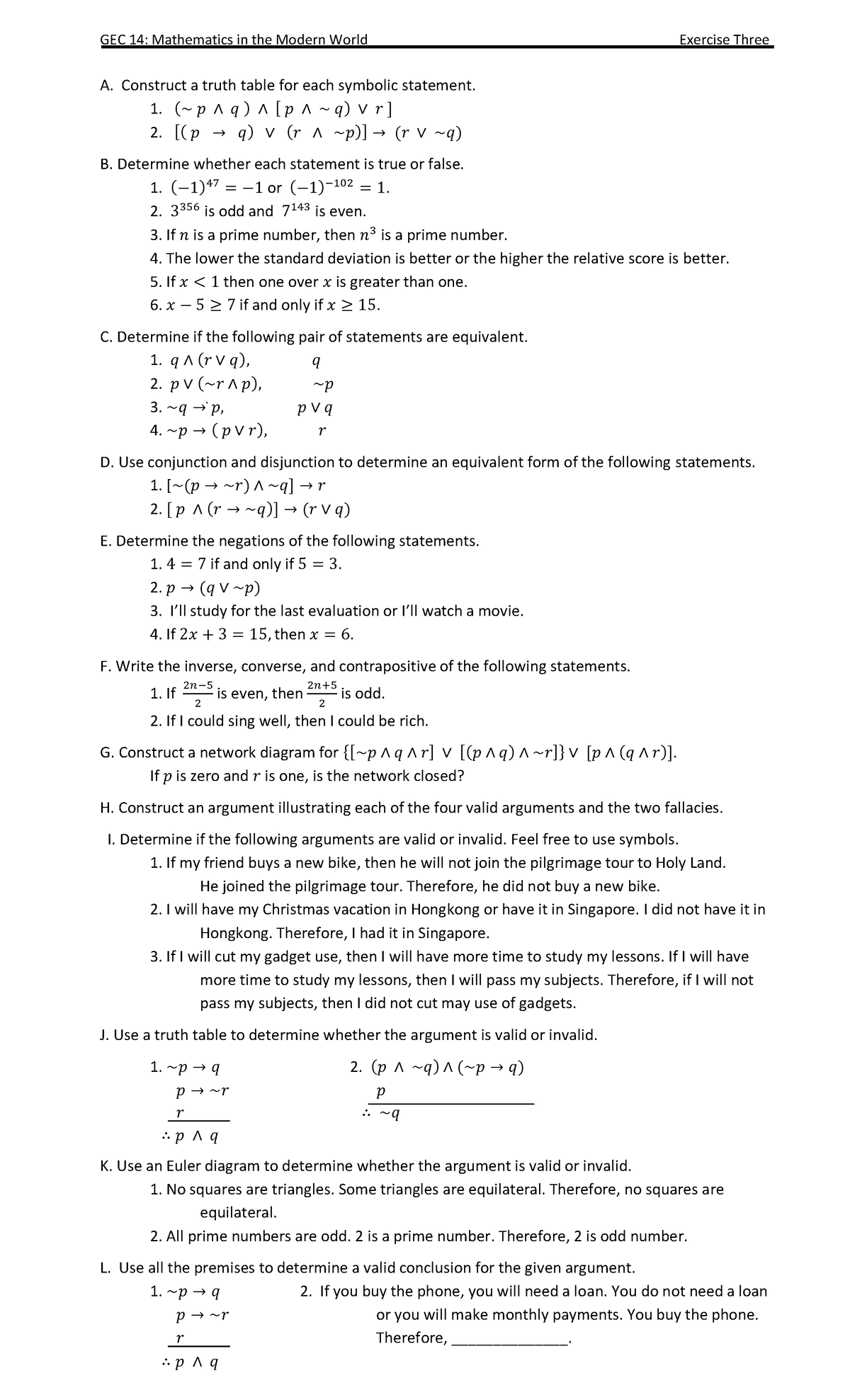 Problem Exercise on Logic - GEC 14: Mathematics in the Modern World ...