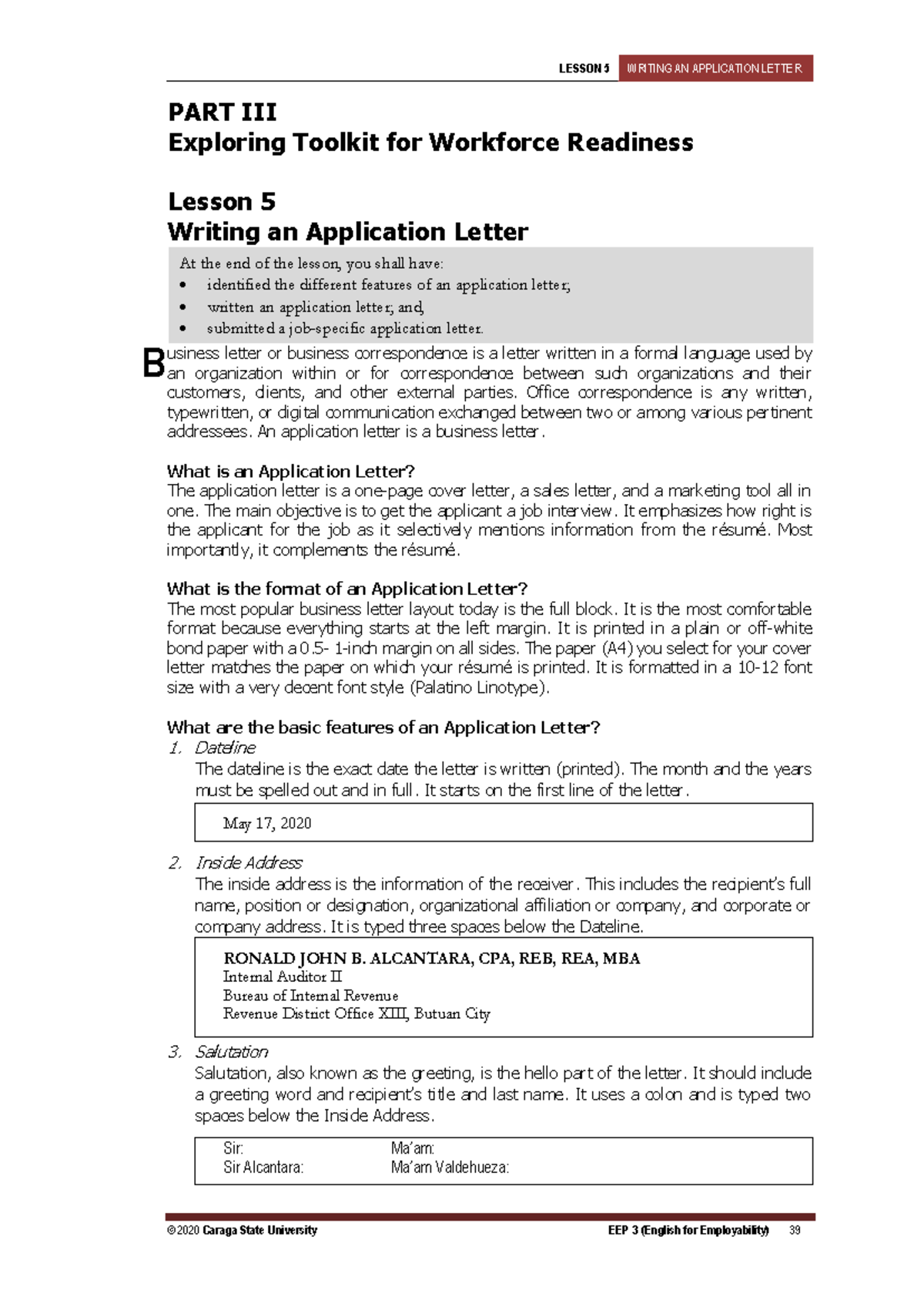 Application Letter Writing (Handouts) - LESSON 5 WRITING AN APPLICATION ...
