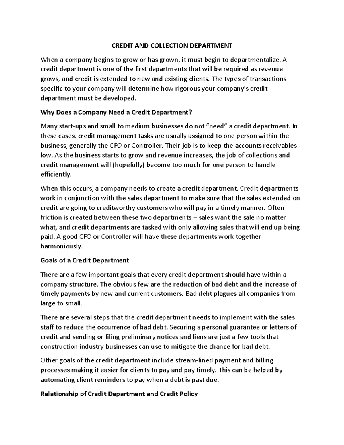 Credit and Collection Department CREDIT AND COLLECTION DEPARTMENT