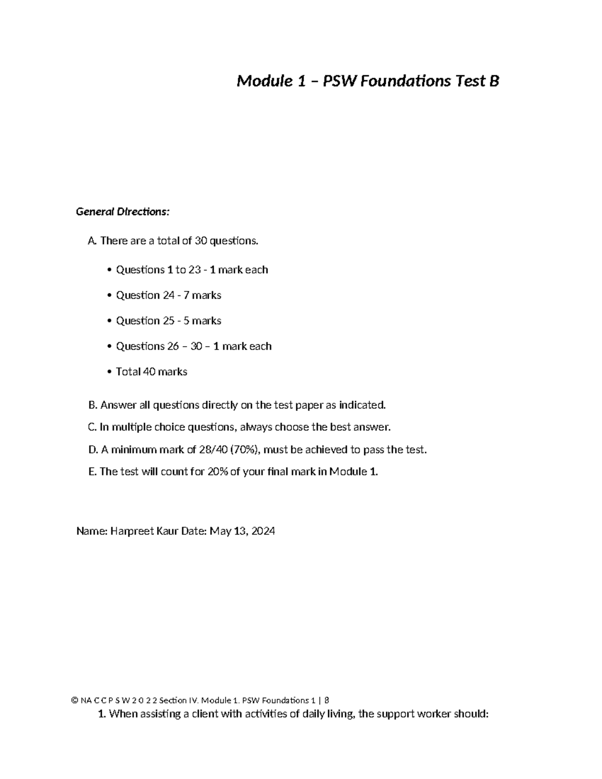 IV-2 Test - Module 1 PSW Foundations (B) - Module 1 – PSW Foundations ...