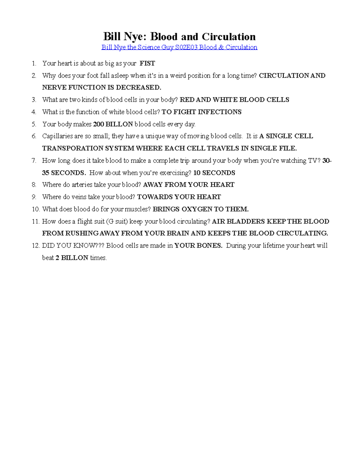 Bill Nye Blood And Circulation Ans Key Bill Nye Blood And