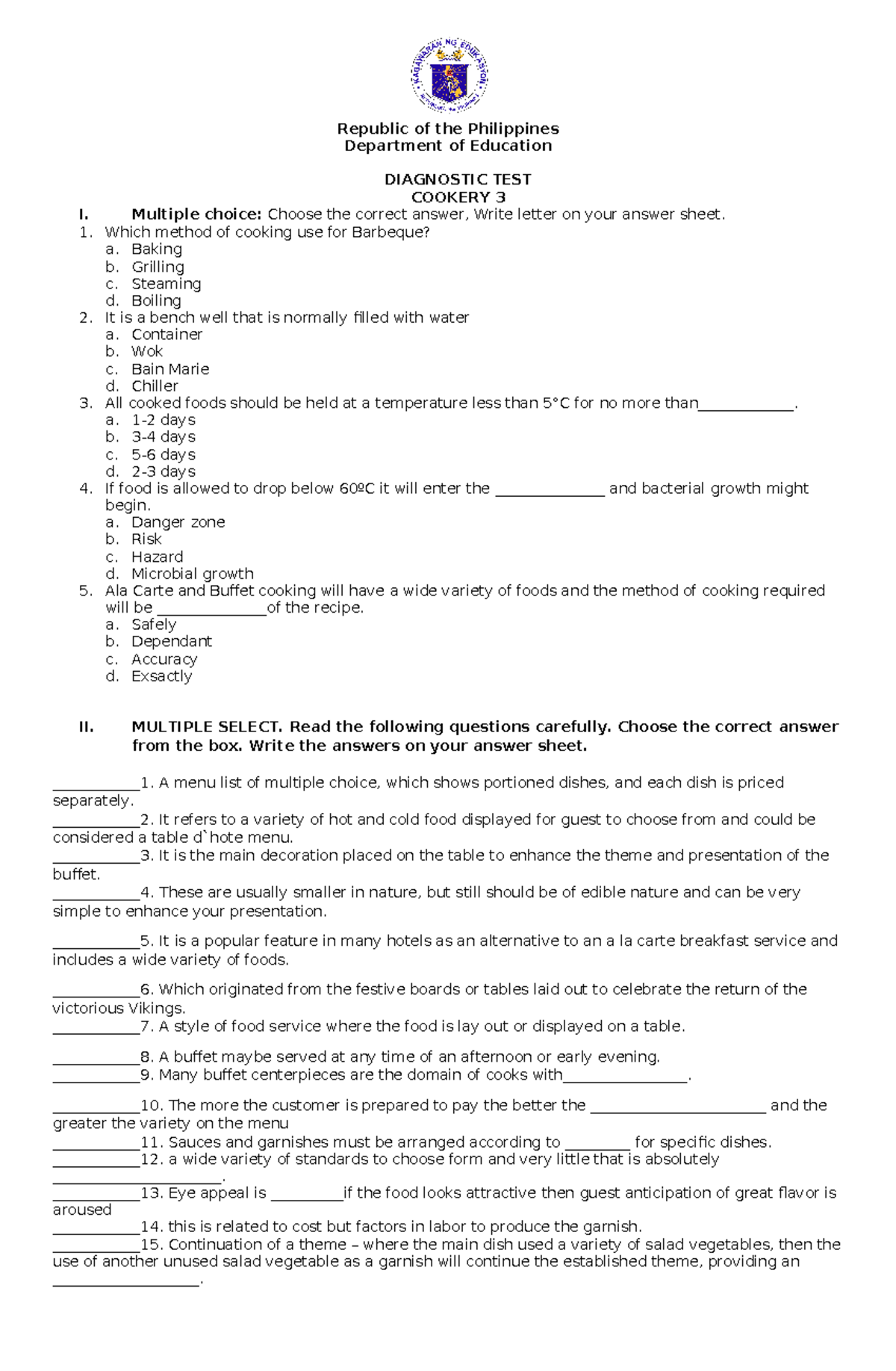 Cookery - EXAM - Republic of the Philippines Department of Education ...