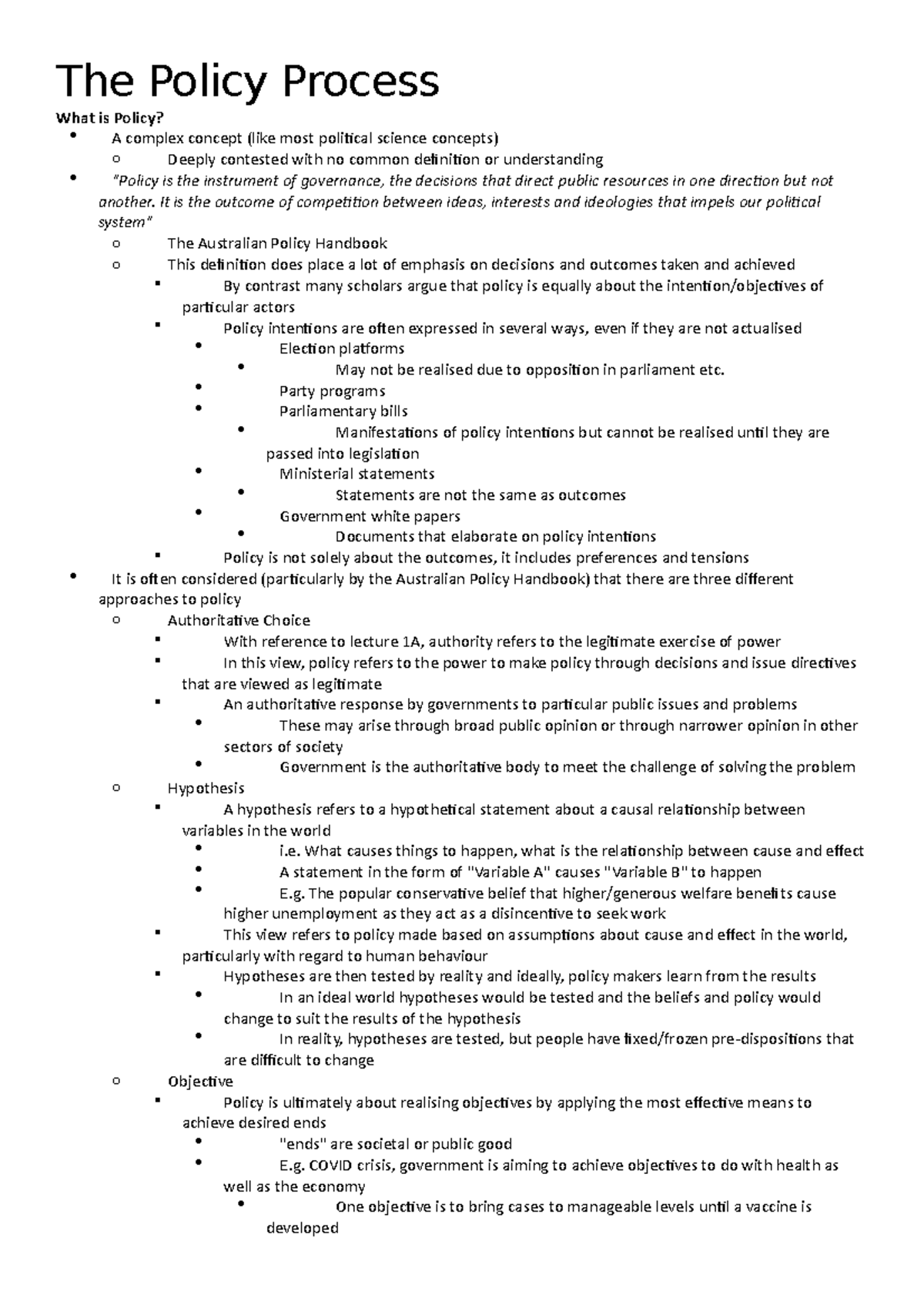 POIR1010 W6L2 - Detailed lecture notes - The Policy Process What is ...
