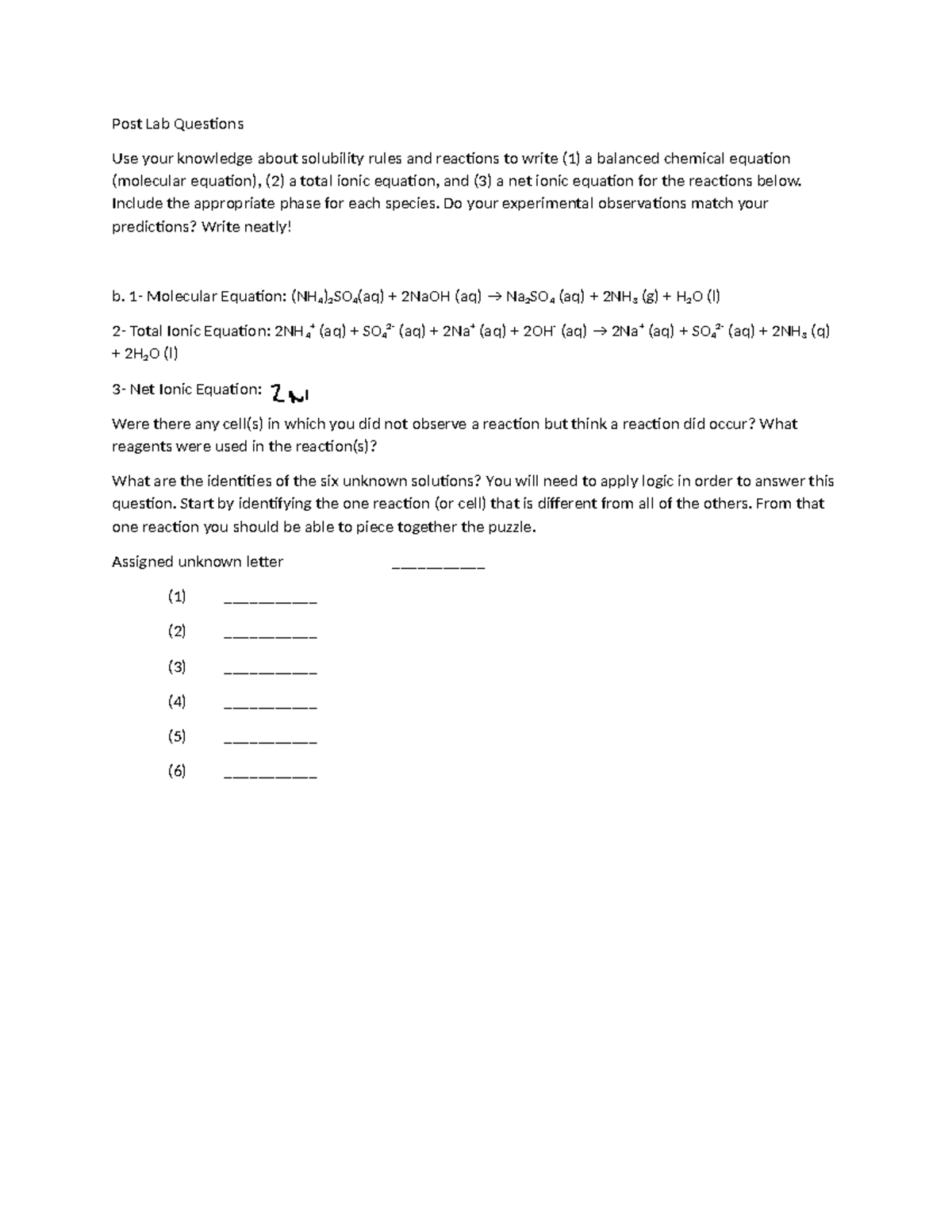 Gen Chem Lab Post Lab Questions 5 Post Lab Questions Use Your Knowledge About Solubility 6821