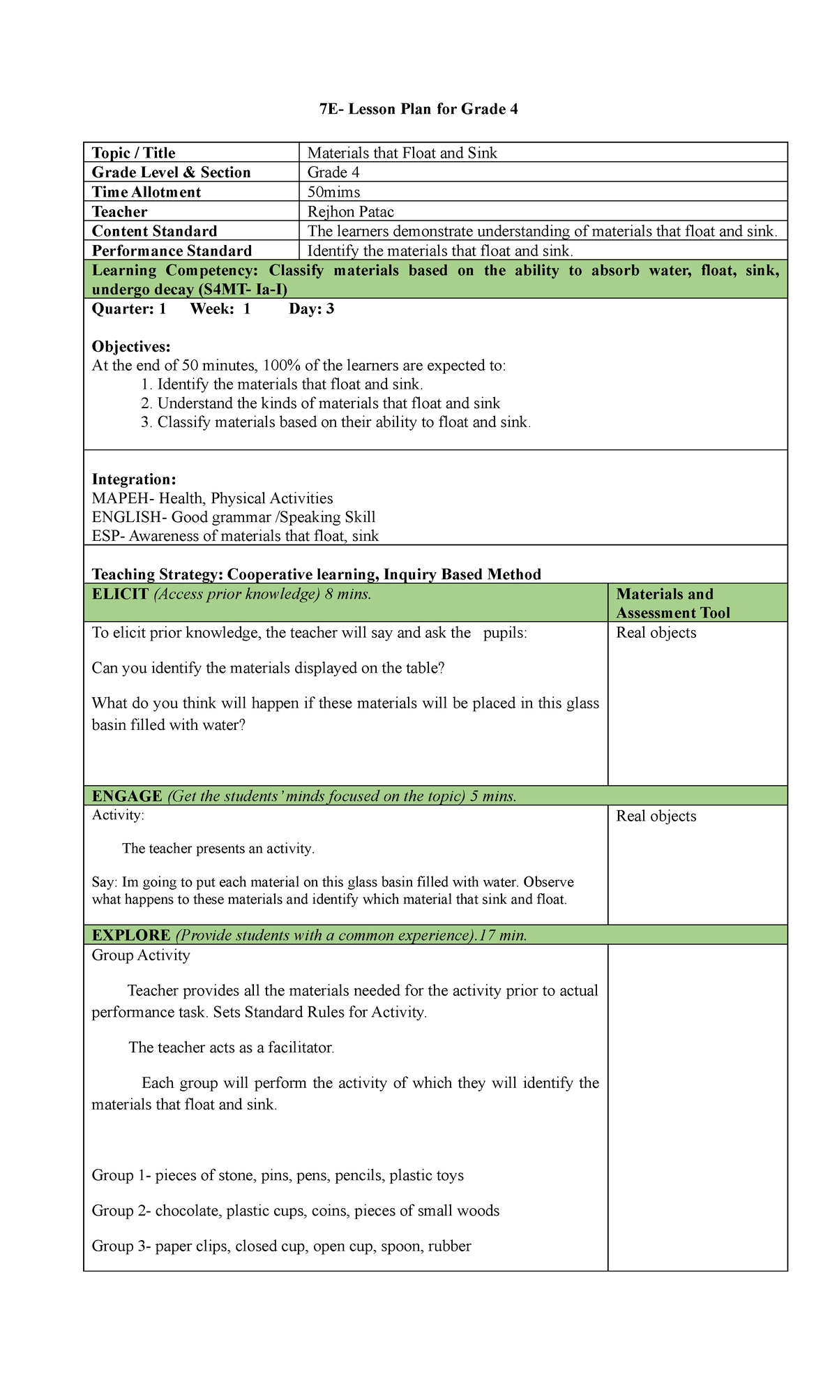 Glenne lesson plan3 - Hope it helps - 7E- Lesson Plan for Grade 4 Topic ...