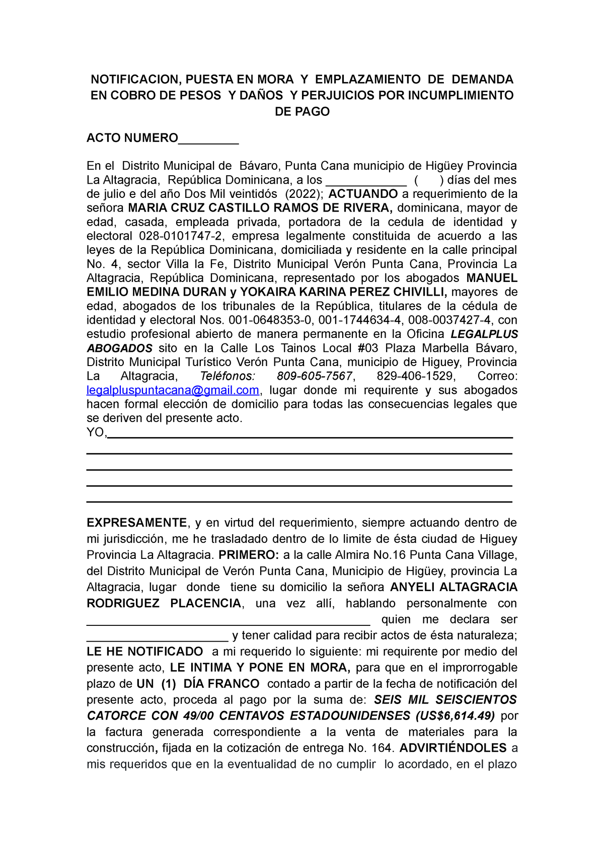 Acto De Intimacion Maria Cruz Notificacion Puesta En Mora Y Emplazamiento De Demanda En Cobro 7656