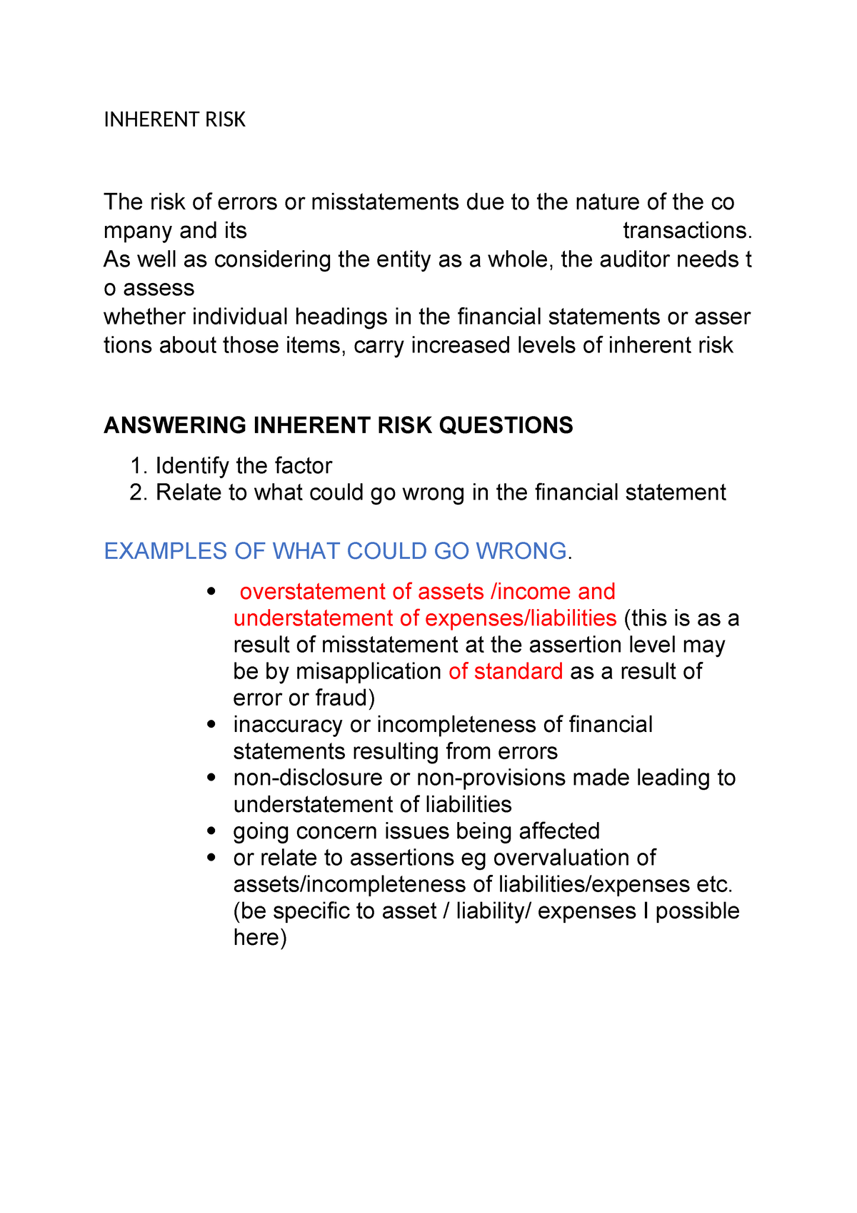 Inherent RISK 2 (002) - audit - INHERENT RISK The risk of errors or ...