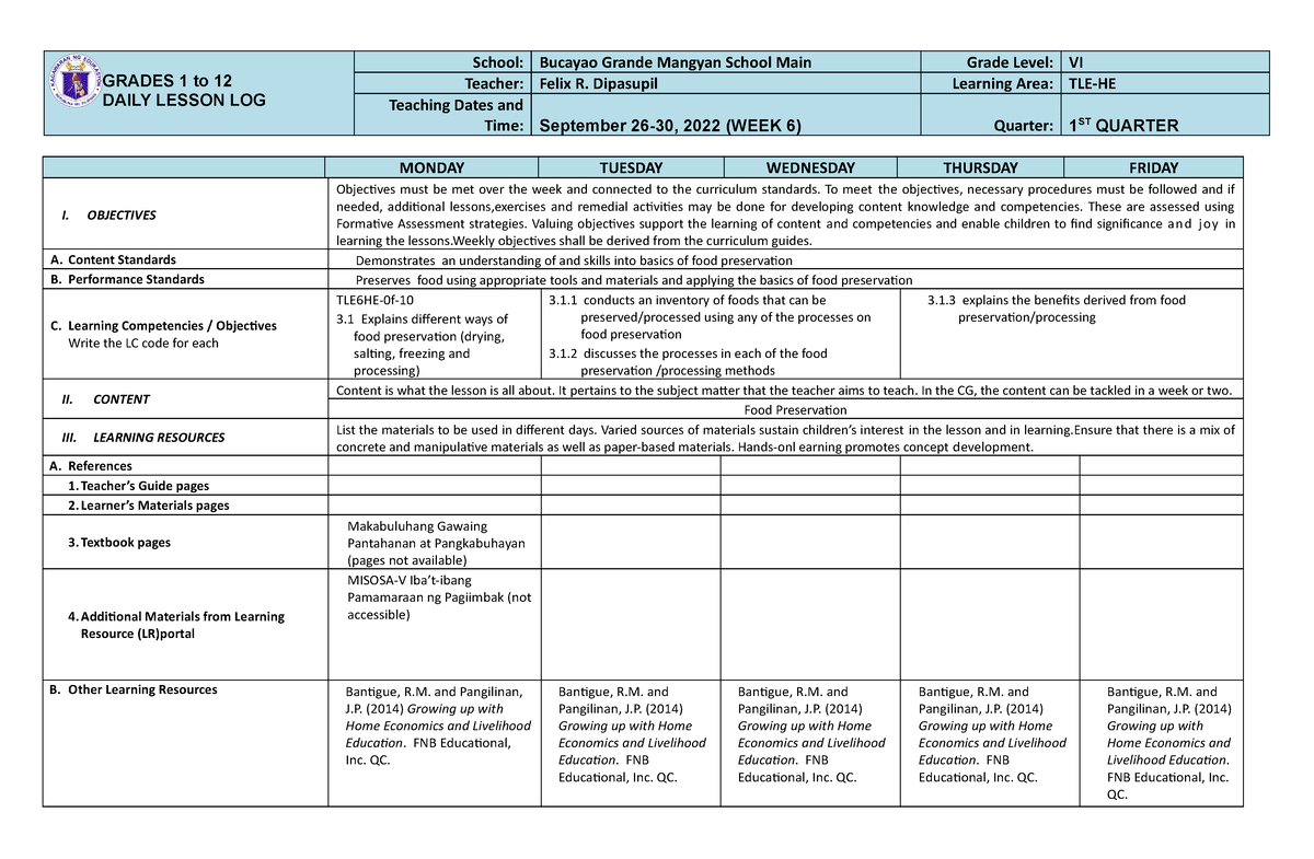 TLE-HE 6 Q1 W6 DLL - Daily Lesson Log - GRADES 1 To 12 DAILY LESSON LOG ...