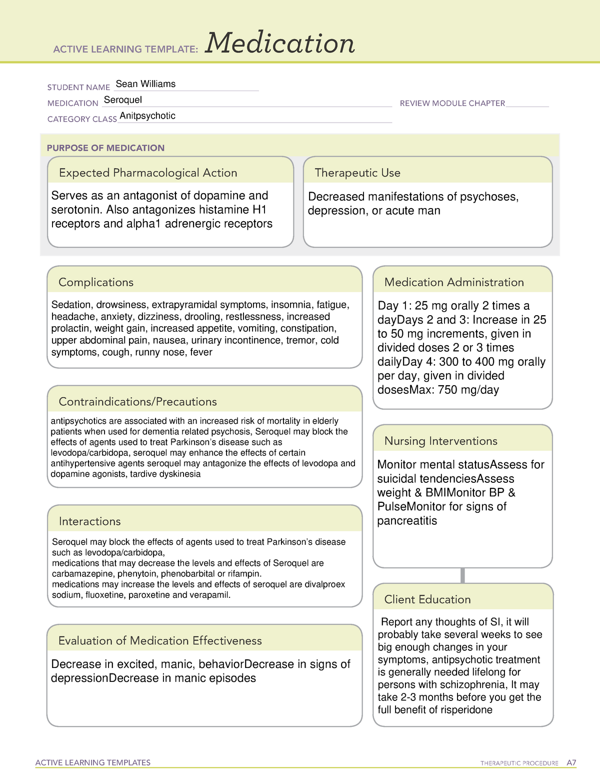 ATI Medication Template Seroquel ACTIVE LEARNING TEMPLATES