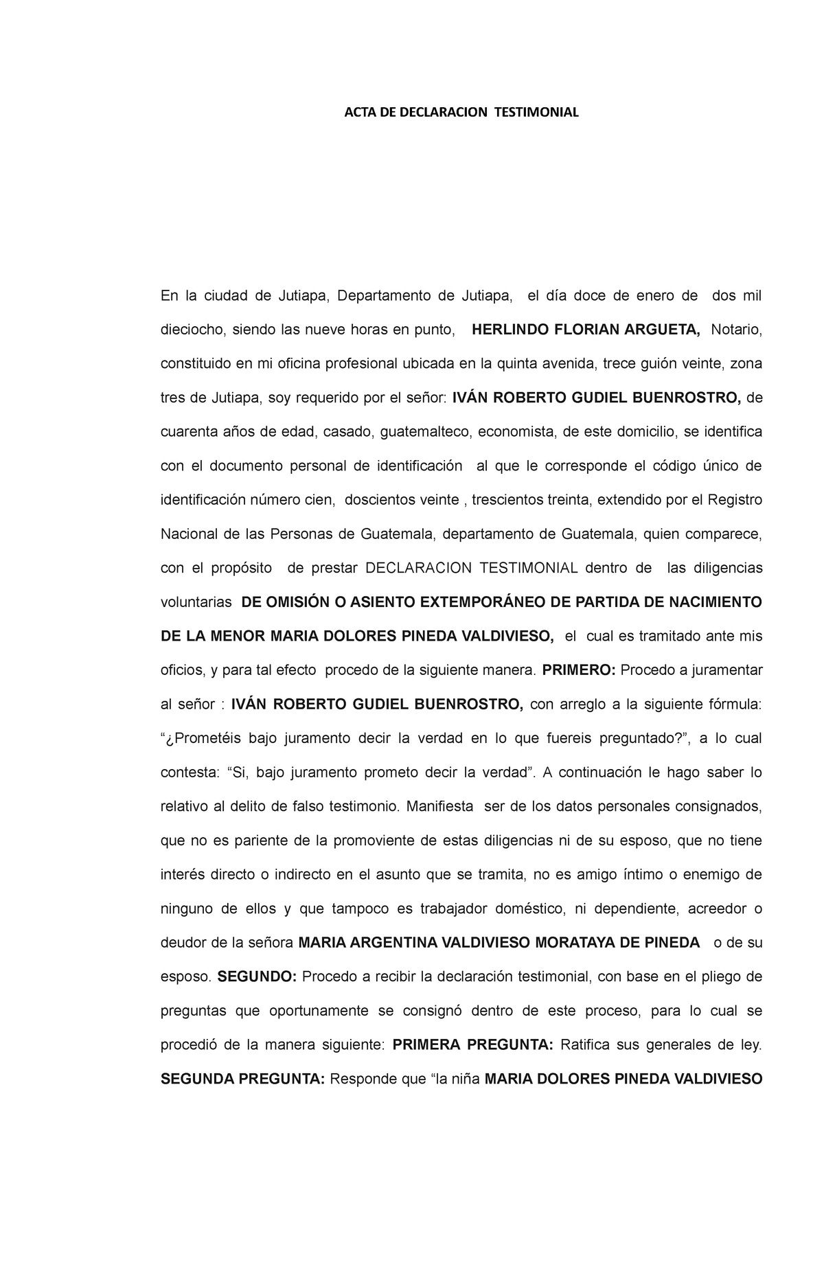 Acta De Declaracion De Testimonial Acta De Declaracion Testimonial En La Ciudad De Jutiapa 4714
