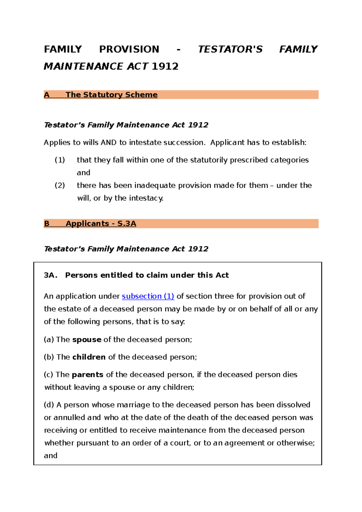Family Provision - Lecture note 6 - FAMILY PROVISION - TESTATOR'S ...