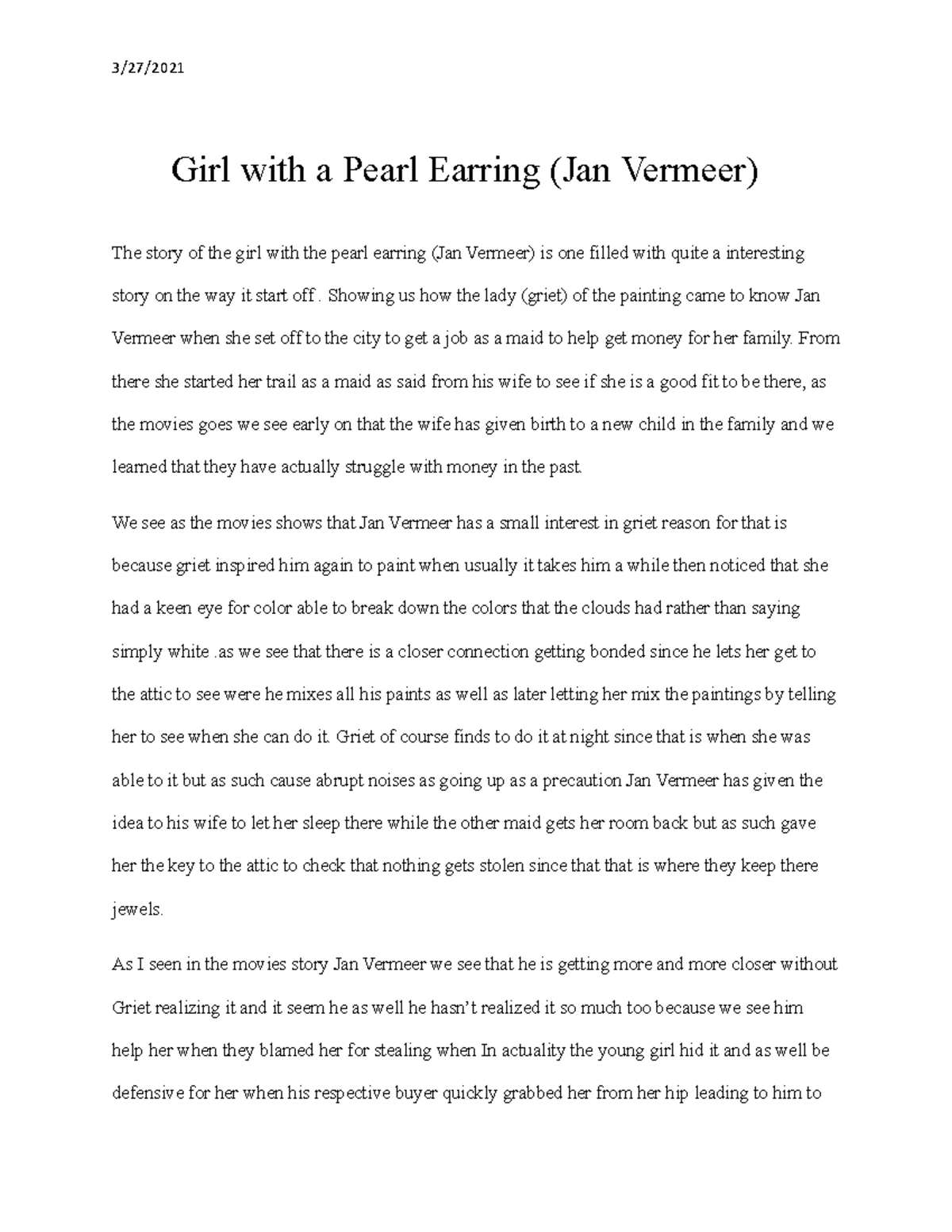 essay on girl with a pearl earring