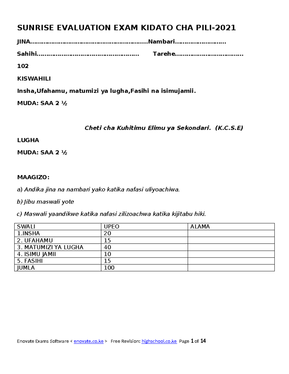 102 Form 2 End Term 1 Exams Kiswahili Questions SUNRISE EVALUATION