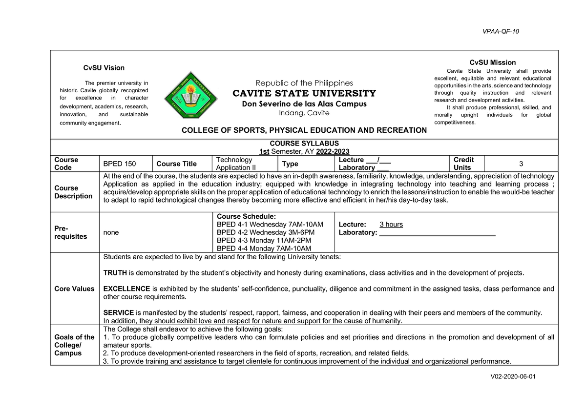 BPED 150 OBE Syllabus - VPAA-QF- VPAA-QF- Republic Of The Philippines ...