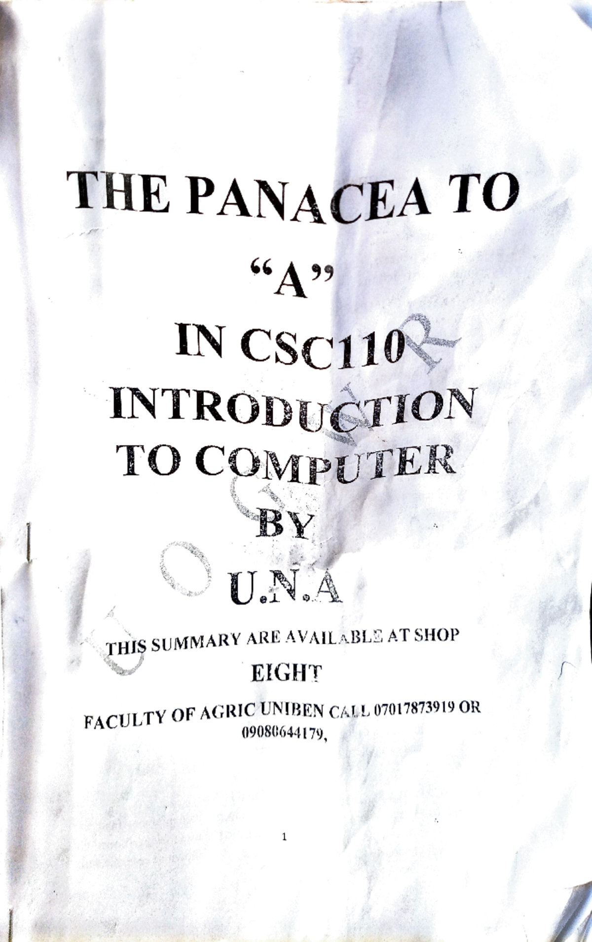 CSC 110 - A computing course - THE PANACEA TO IN CSC110 INTRODUCTION TO ...