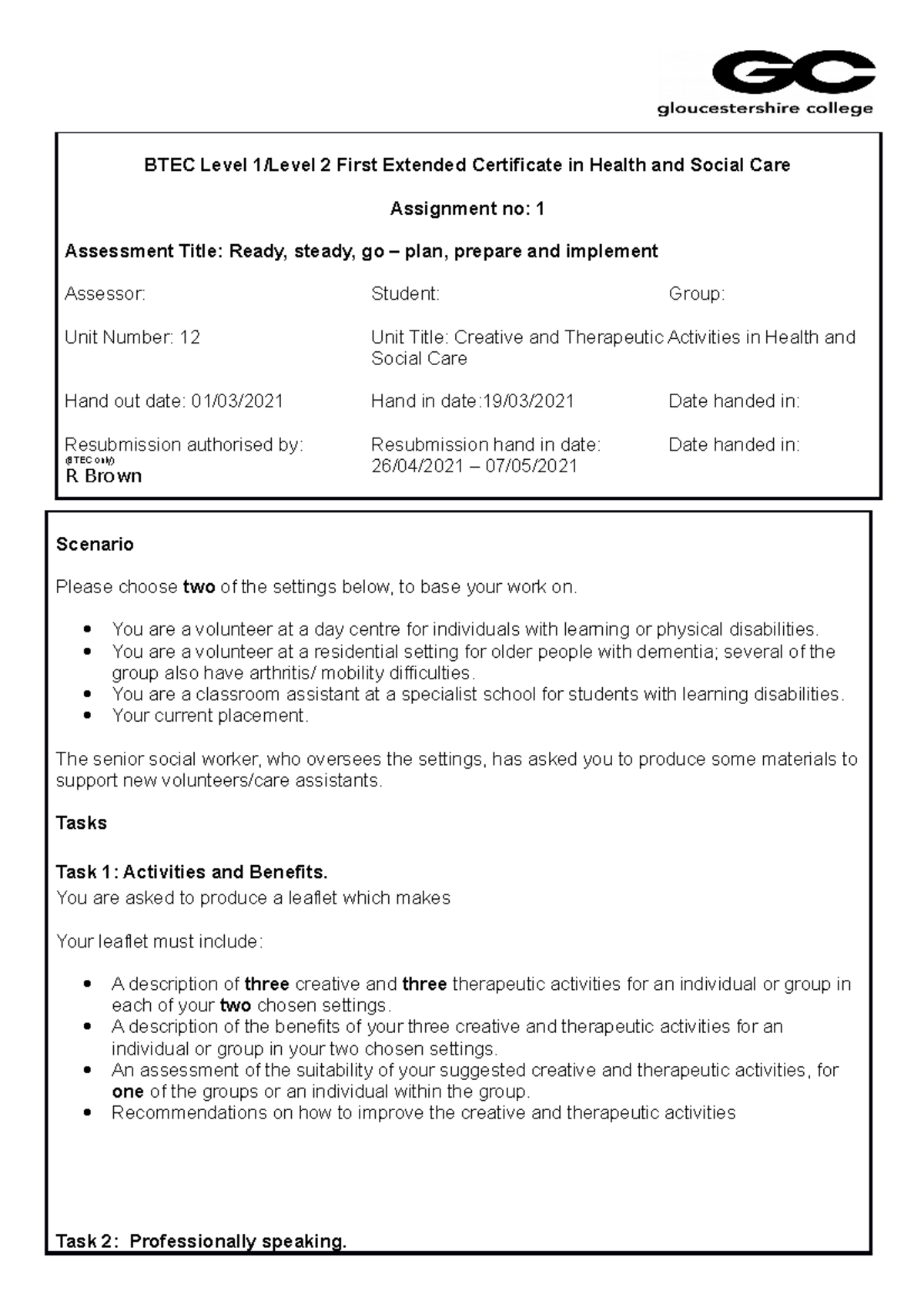 Assessment Brief 12 2020 2021 Copy Copy - BTEC Level 1/Level 2 First ...