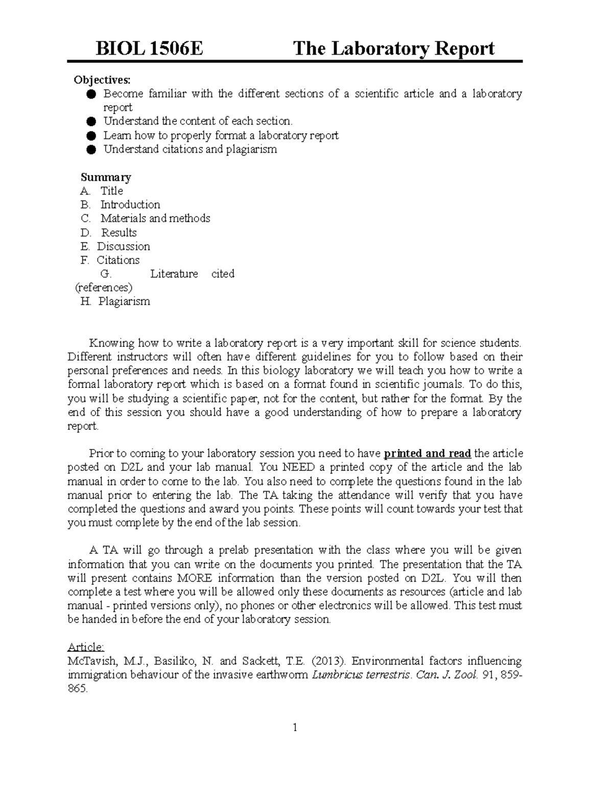 Laboratory Report - Objectives: Become familiar with the different ...