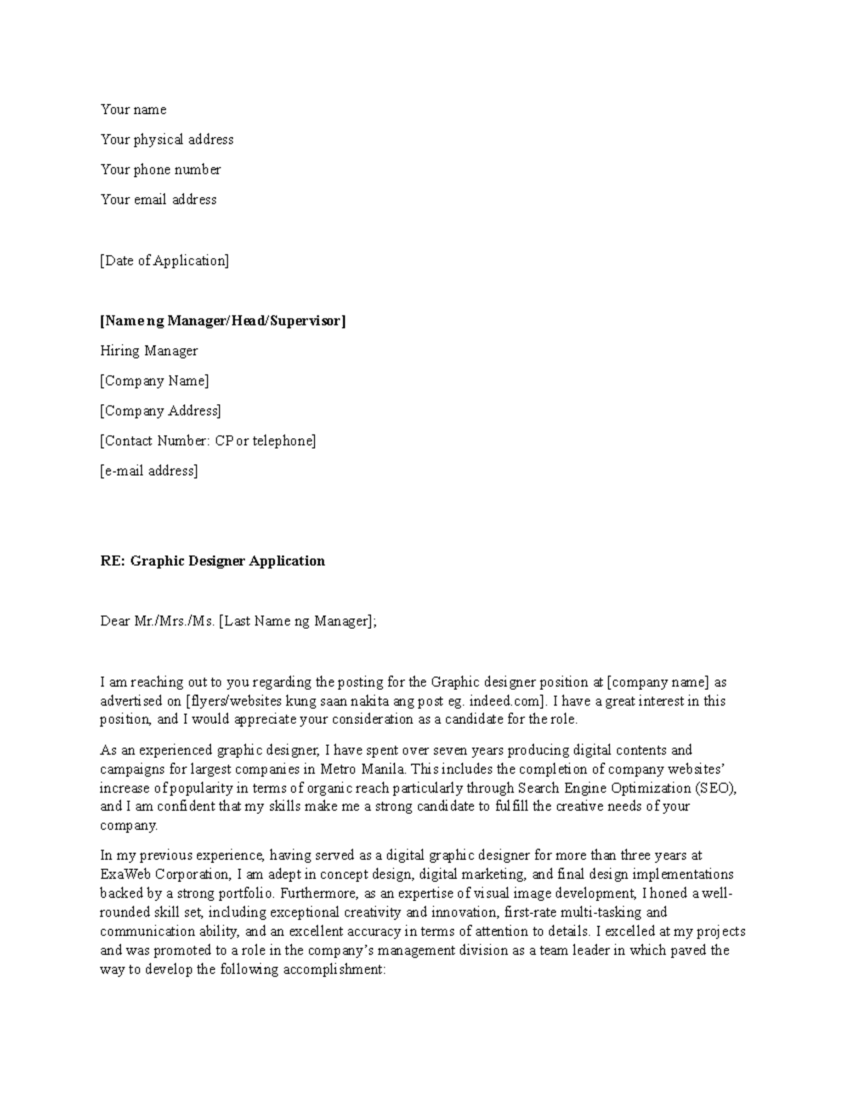 Application Cover Letter Sample - Your name Your physical address Your ...