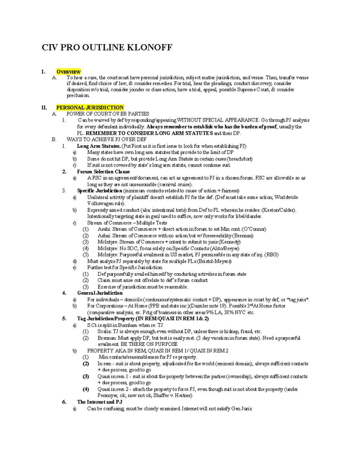 Civil Procedure Class Outline 2020 (015 O) - 015 O - Studocu