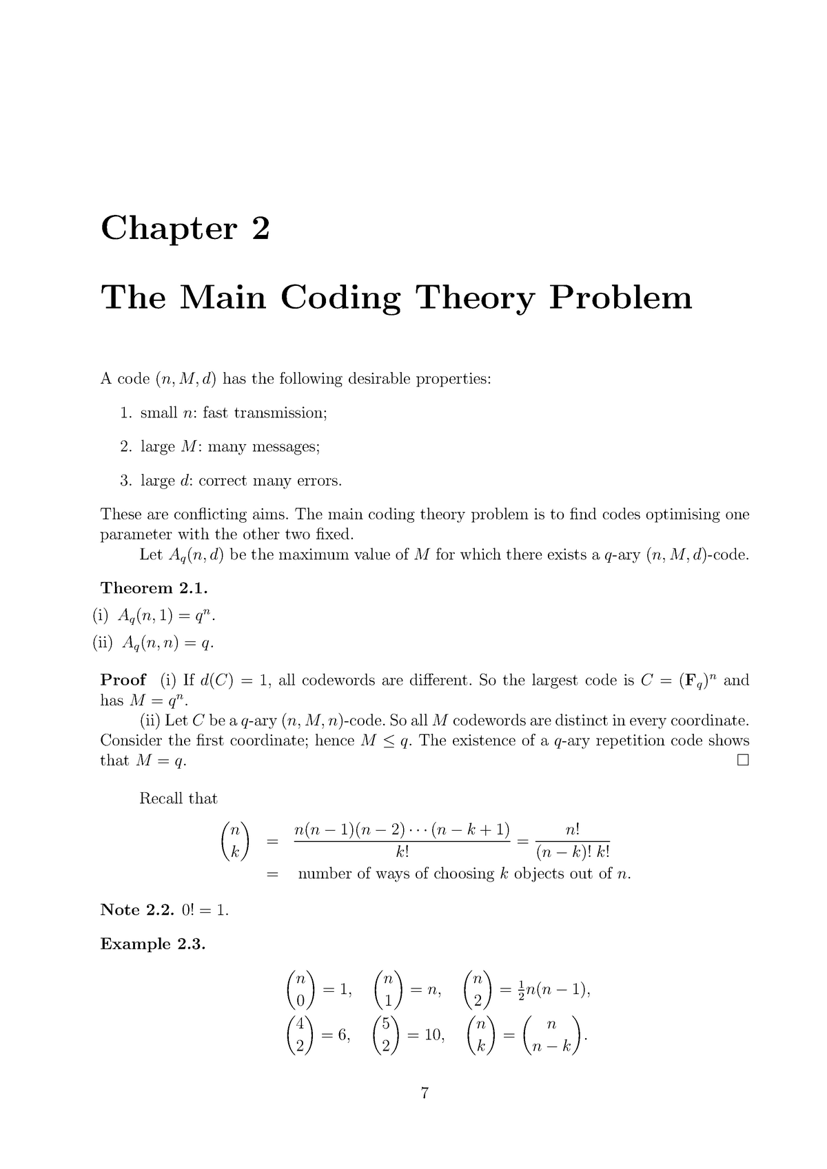 Ch2 - Lecture Notes - Chapter 2 The Main Coding Theory Problem A Code ...