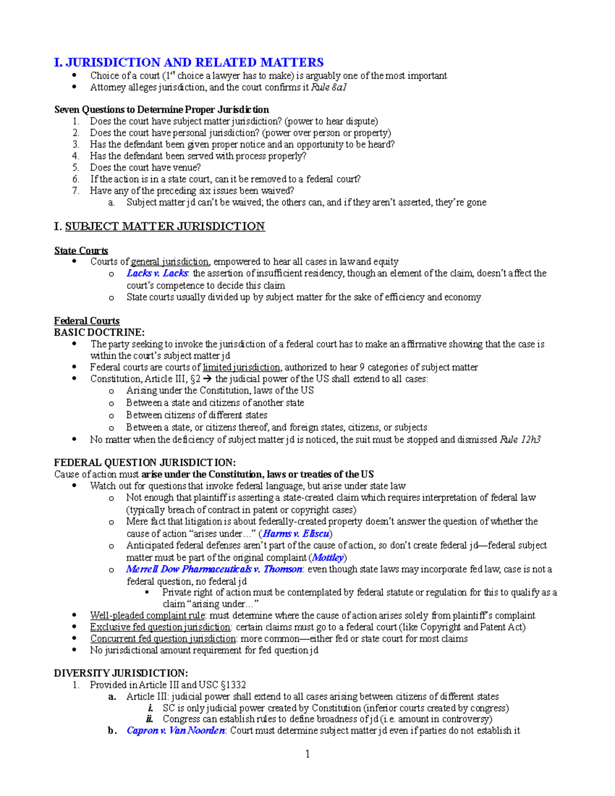Civ Pro.Miller - civ pro - I. JURISDICTION AND RELATED MATTERS Choice ...