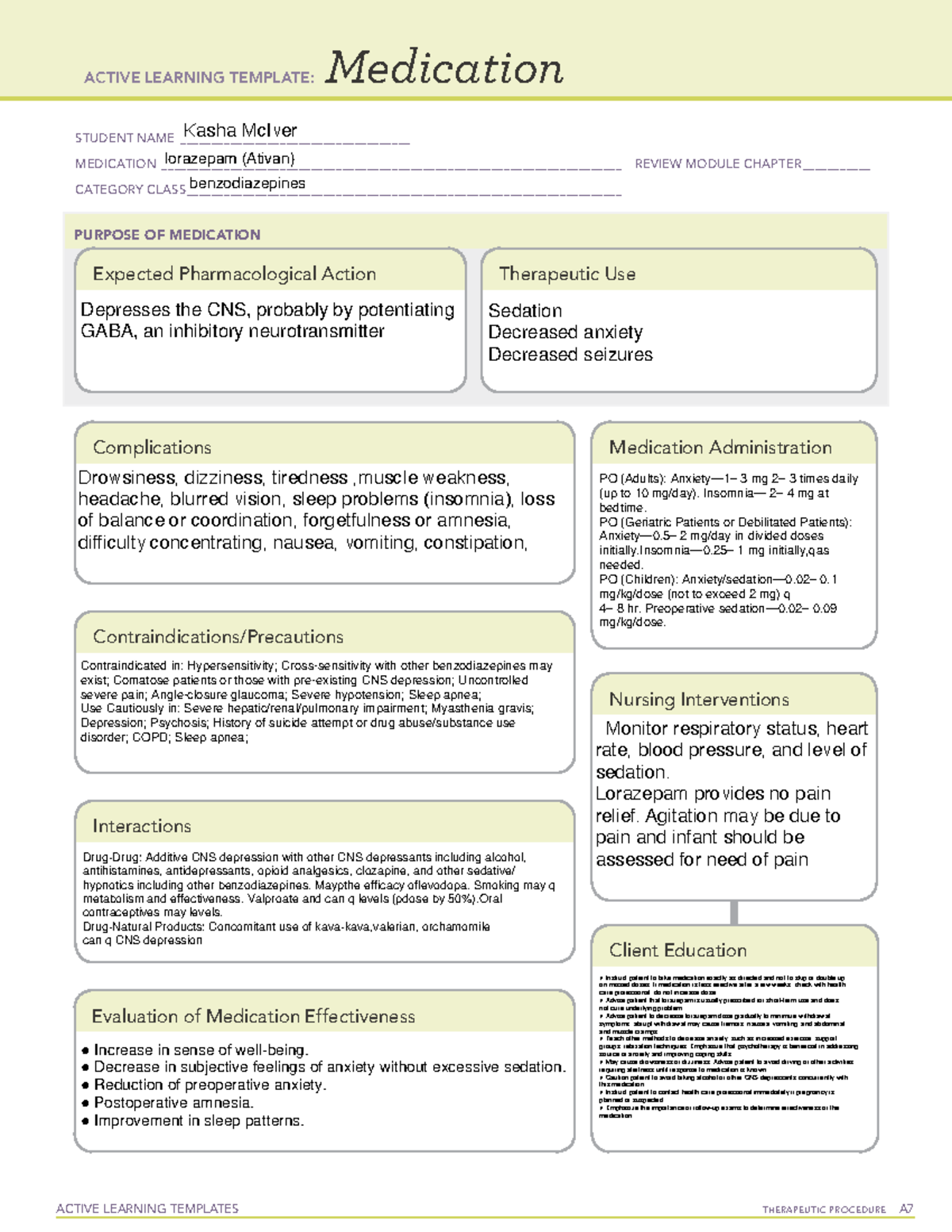 Ativan drug cards - ACTIVE LEARNING TEMPLATES THERAPEUTIC PROCEDURE A ...