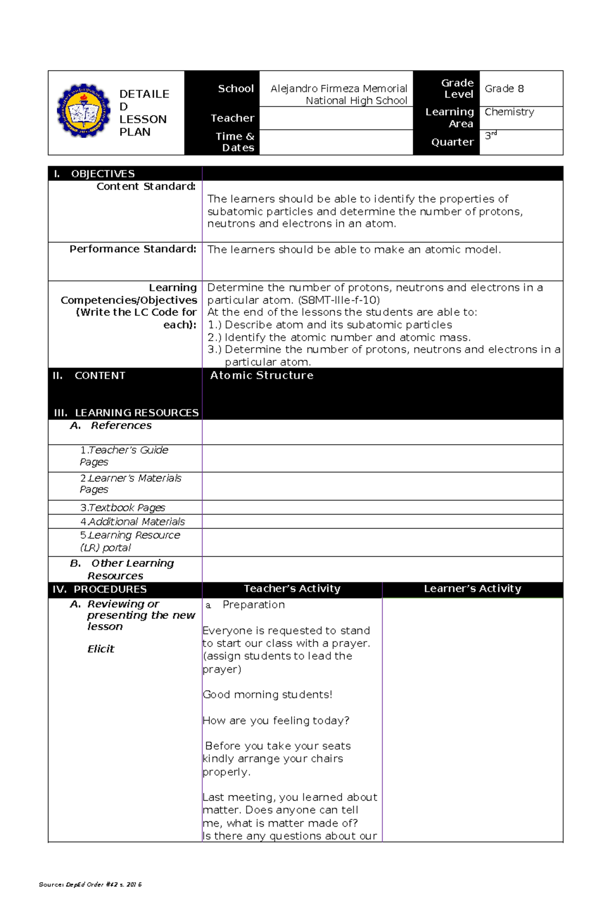 Atomic structure lesson plan - School Alejandro Firmeza Memorial ...