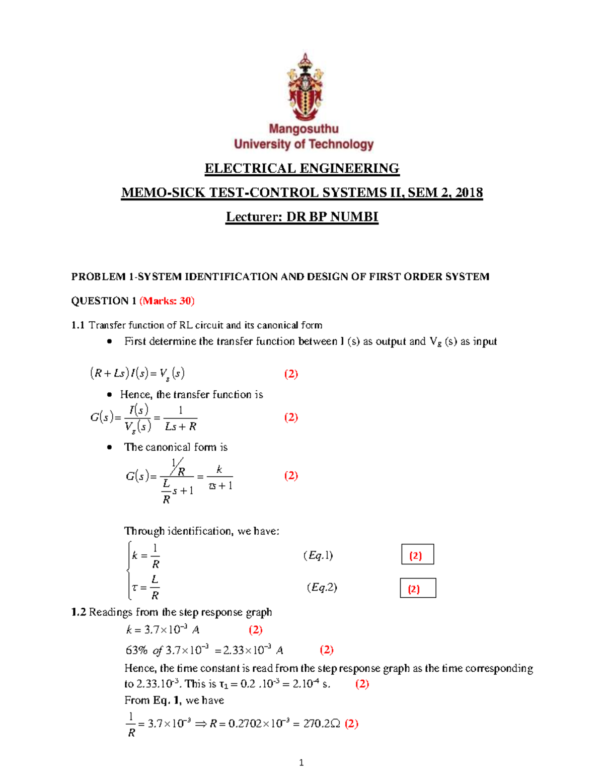 MEMO-SICK TEST-S2-2018-Control Systems 2 - ELECTRICAL ENGINEERING MEMO ...