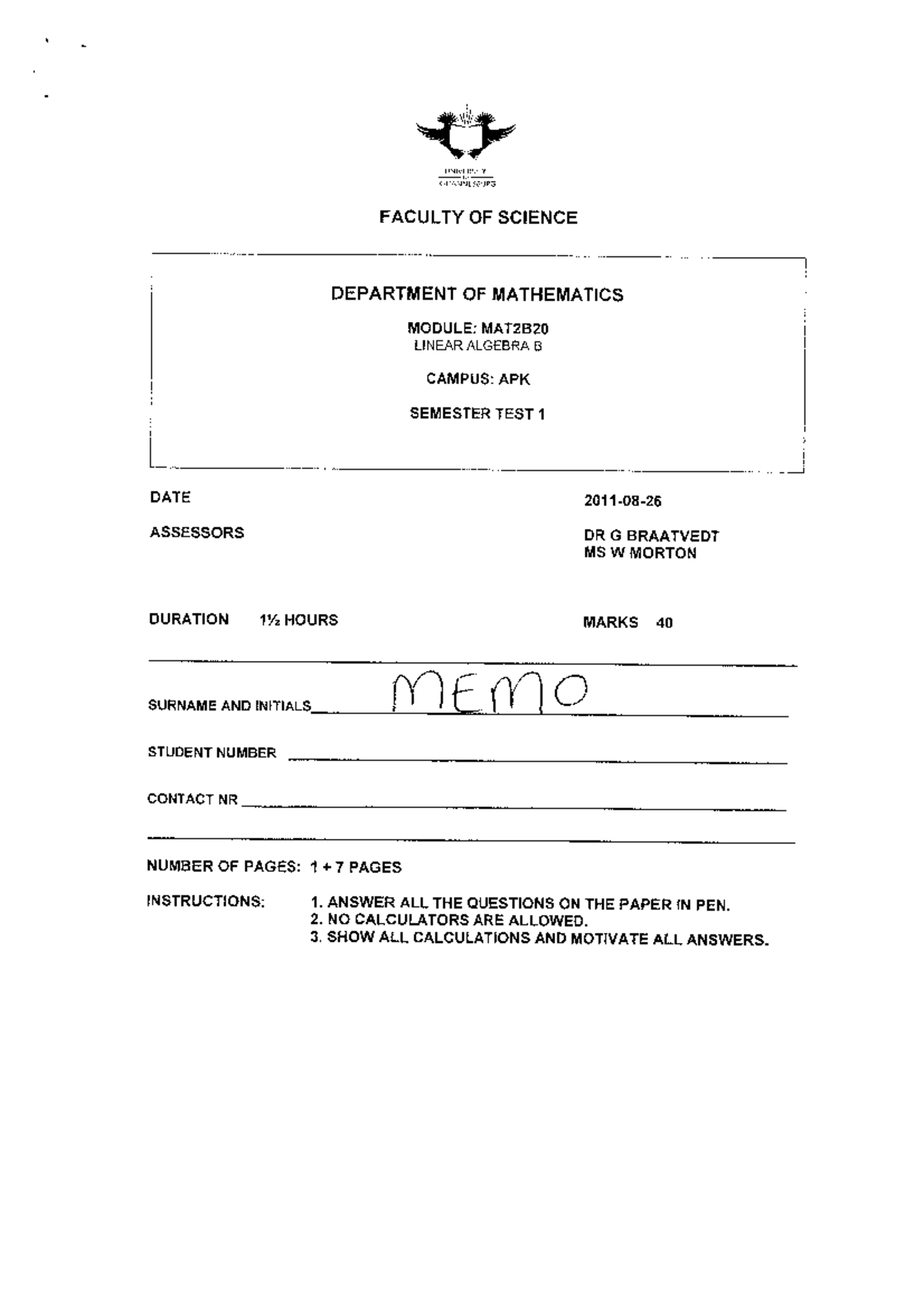 Semester Test 1 Memo - Memo for test 1 - Mat2b2 - Studocu image.