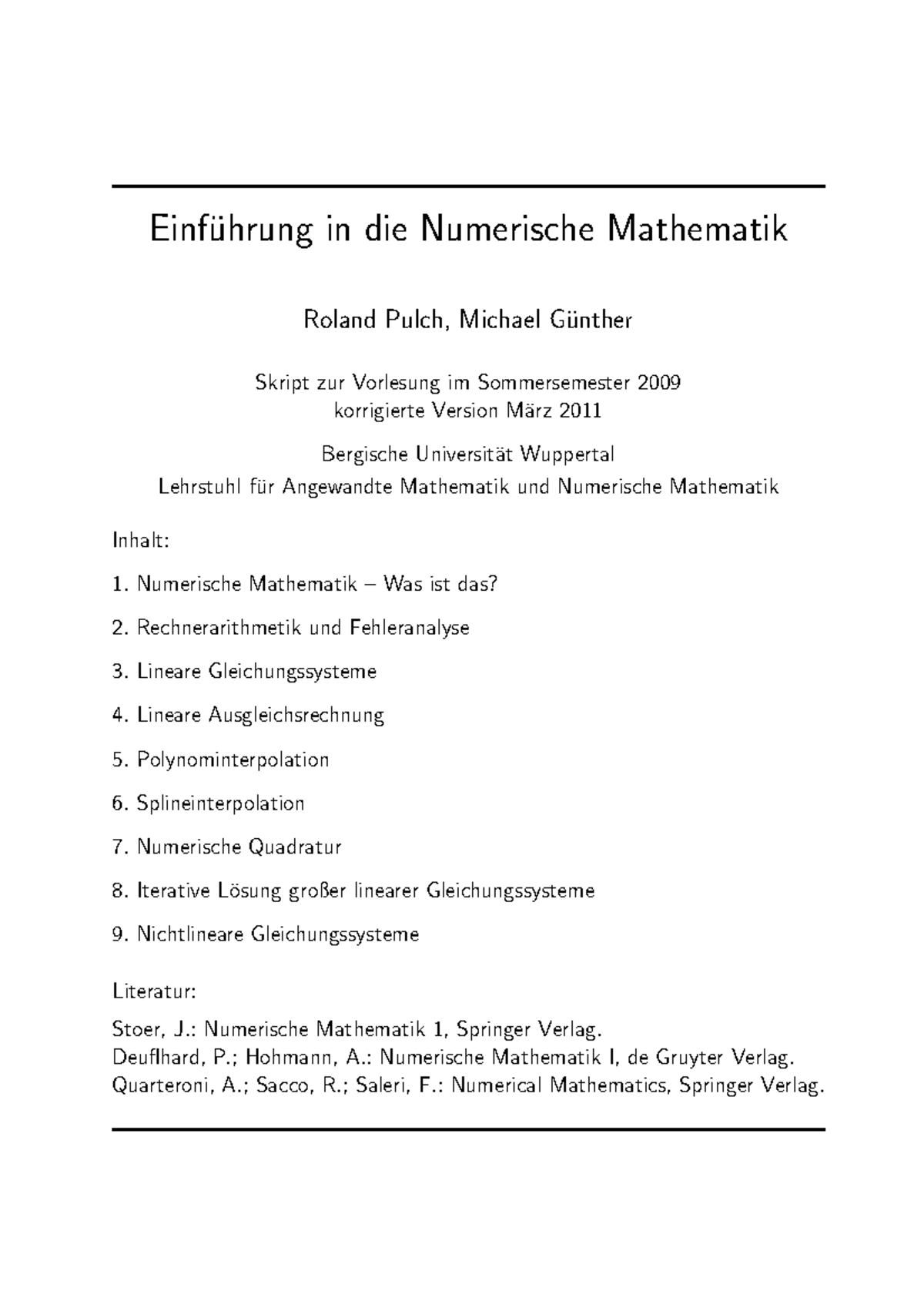 Skript - Einfu¨hrung In Die Numerische Mathematik Roland Pulch, Michael ...