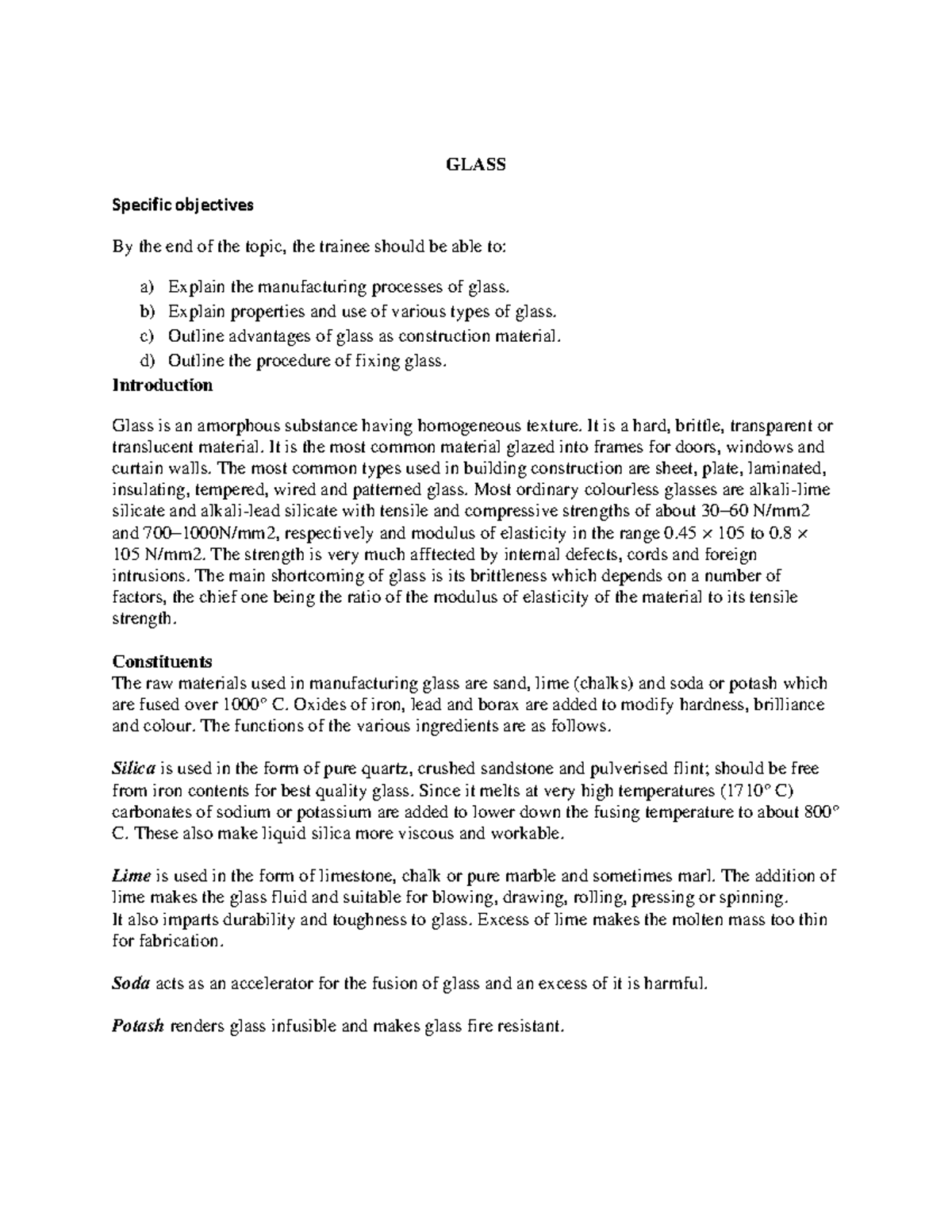 Glass Notes construction materials GLASS Specific objectives By the