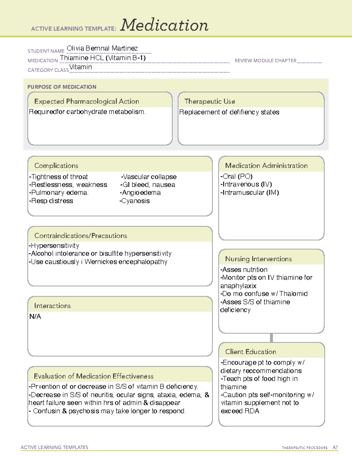Thiamine HCL med card Medication card. ACTIVE LEARNING TEMPLATES