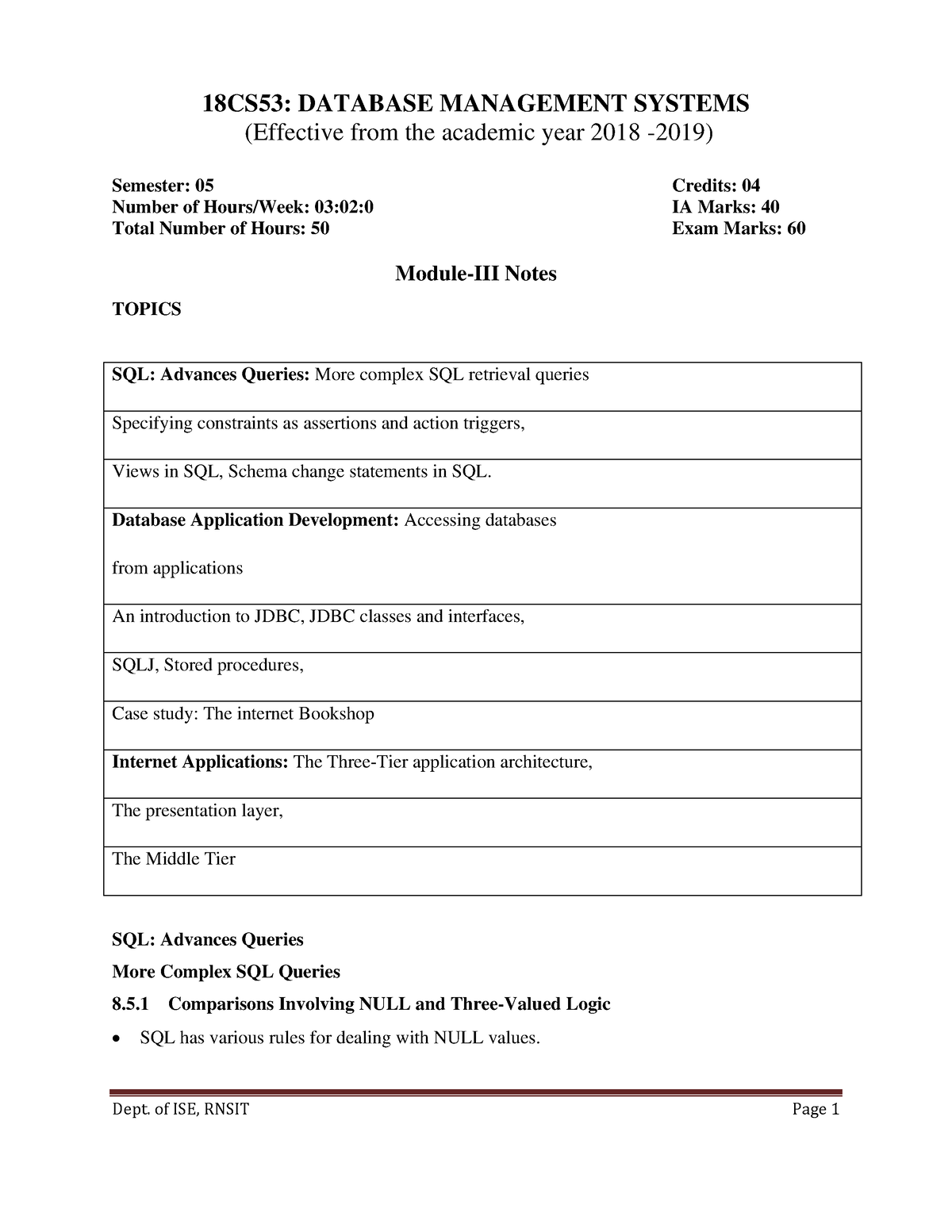 DBMS Module 3 - 18CS53: DATABASE MANAGEMENT SYSTEMS (Effective from the ...