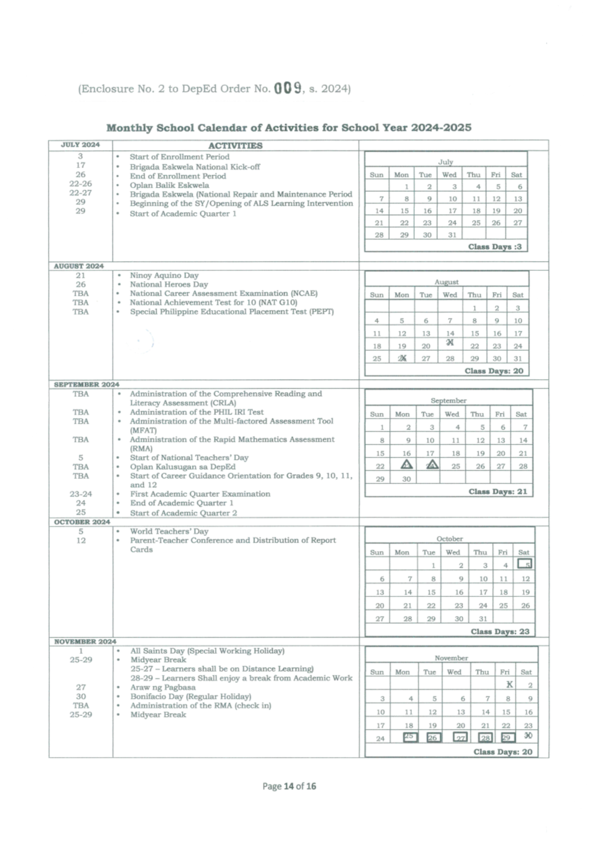 School calendar 20242025 (Enclosure No. 2 to DepEd Order No. 009, S