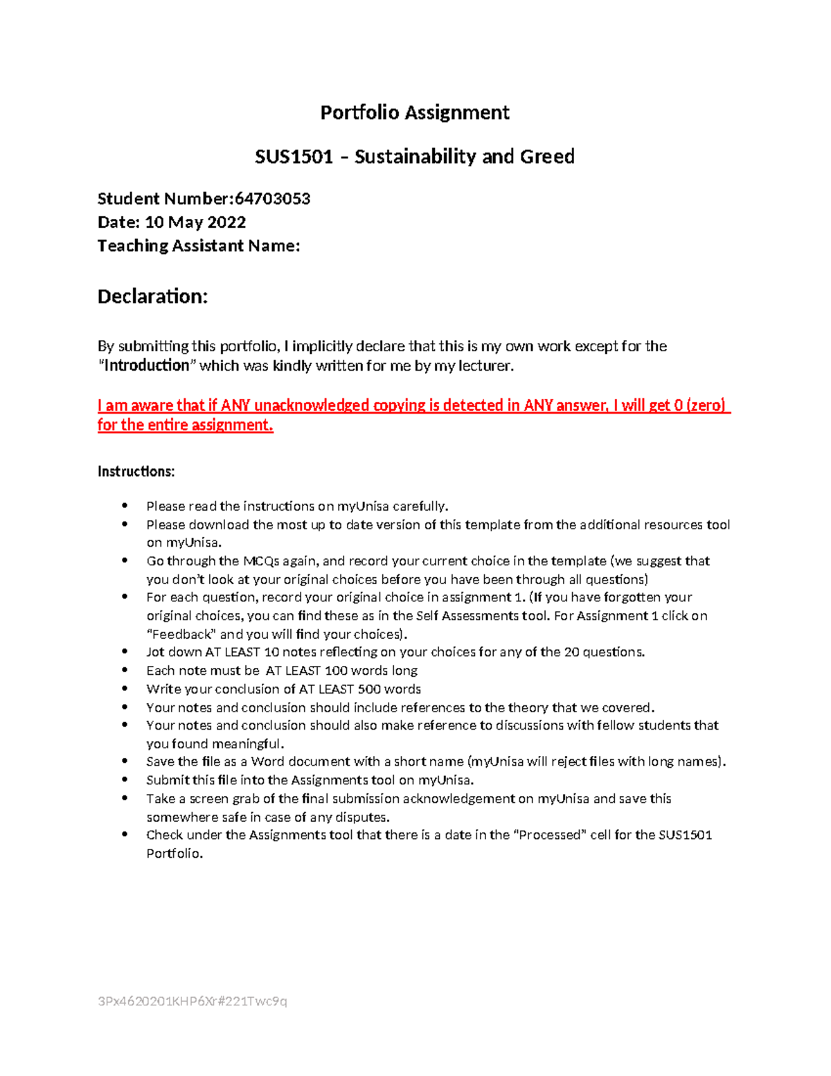 Sus portfolio - Portfolio Assignment SUS1501 – Sustainability and Greed ...