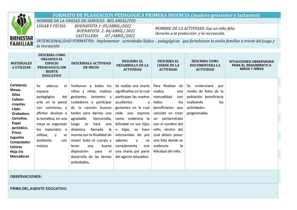 Planeacion Soy Un Niño Feliz Lista - FORMATO DE PLANEACION PEDAGOGICA ...