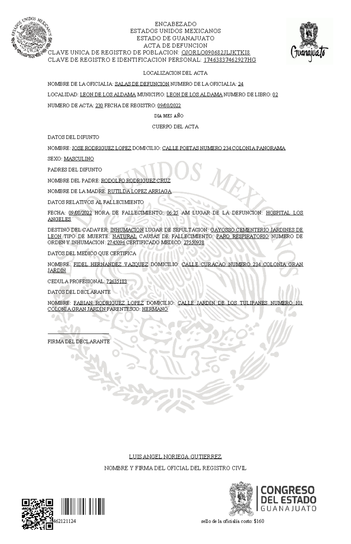 Acta De Defuncion Desarrollo Encabezado Estados Unidos Mexicanos