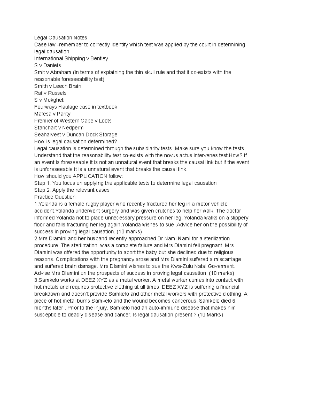 Legal Causation Notes - Legal Causation Notes Case law -remember to ...
