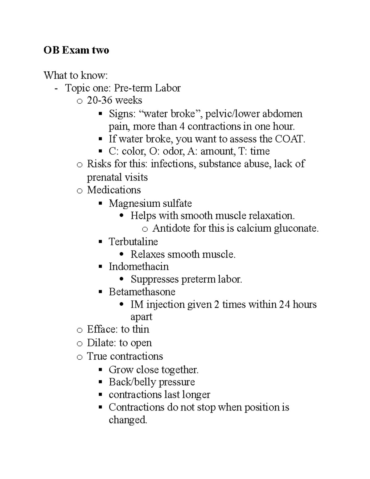 OB Exam two - the needs to know - OB Exam two What to know: - Topic one ...