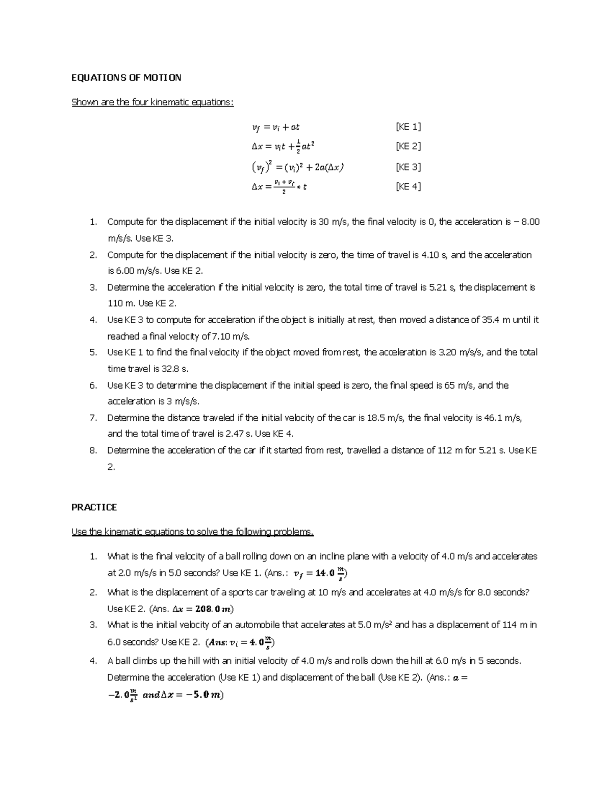 Ke 1 - P6 lecture notes - EQUATIONS OF MOTION Shown are the four ...