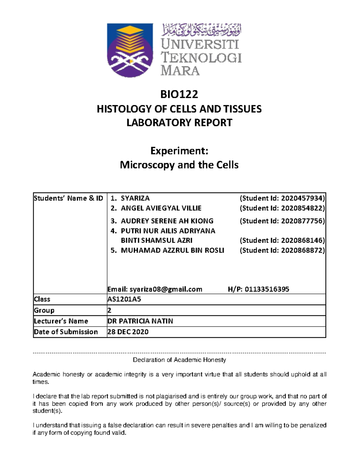 Laboratory Report - BIO HISTOLOGY OF CELLS AND TISSUES LABORATORY ...