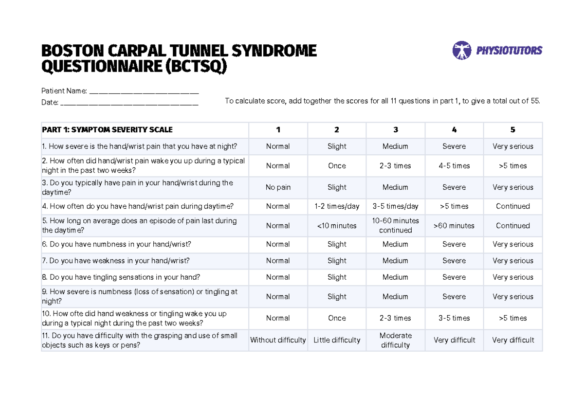 Boston carpal tunnel questionnaire Bctsq PART 1 SYMPTOM SEVERITY