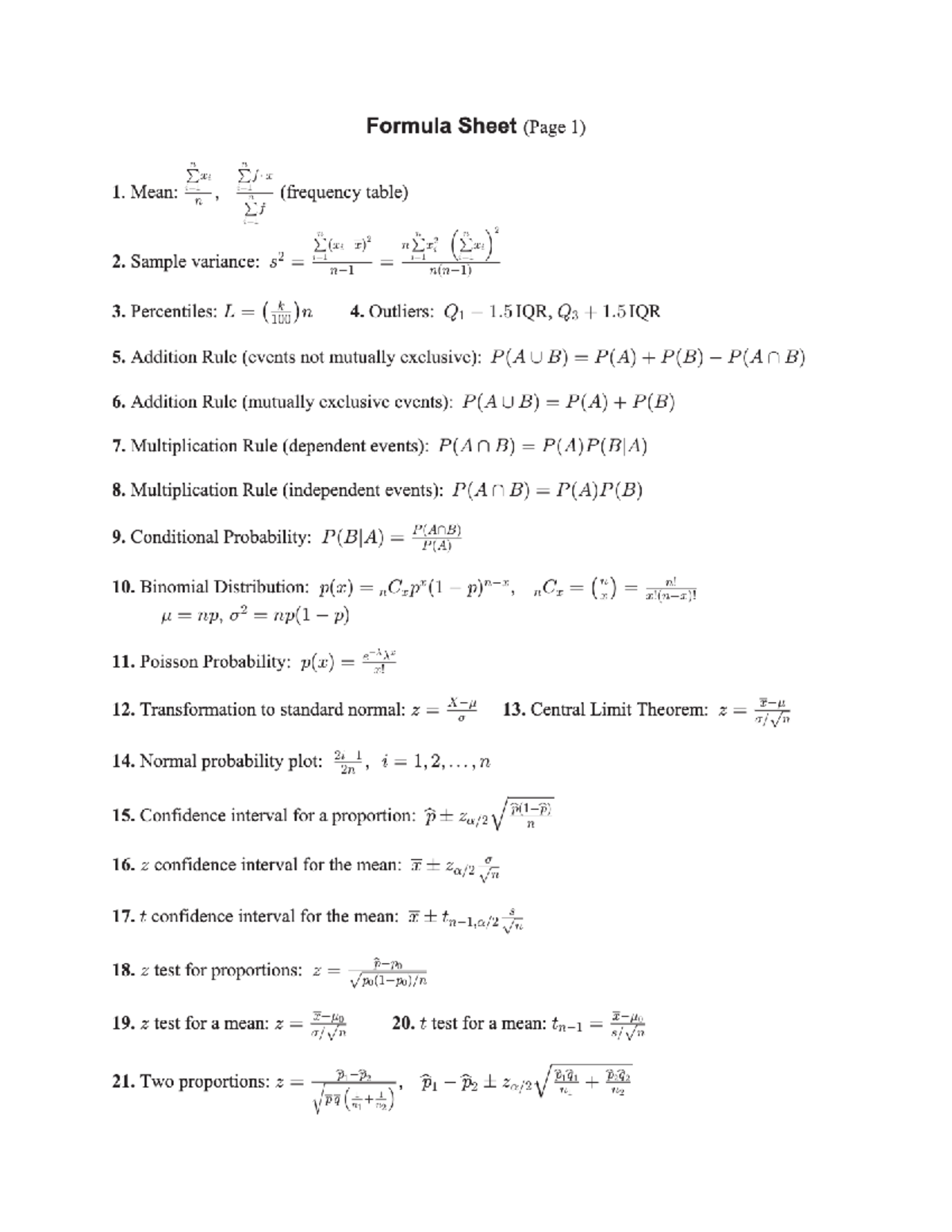 Formula - Stats 2B03 Statistical Methods for Science - Stats 2D03 - Studocu