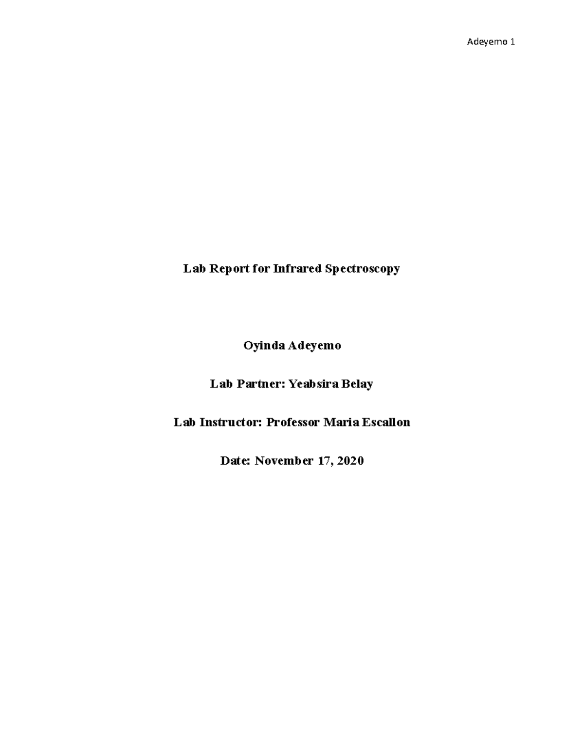 Lab report for IR - Grade: B - Lab Report for Infrared Spectroscopy ...