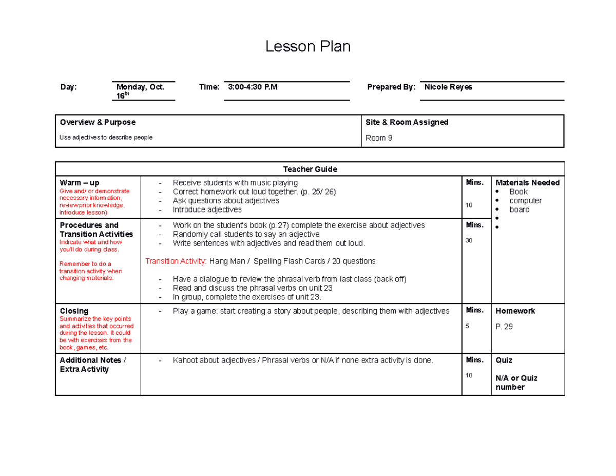 Example - Daily Lesson Plan - Lesson Plan Day: Monday, Oct. 16 Th Time 