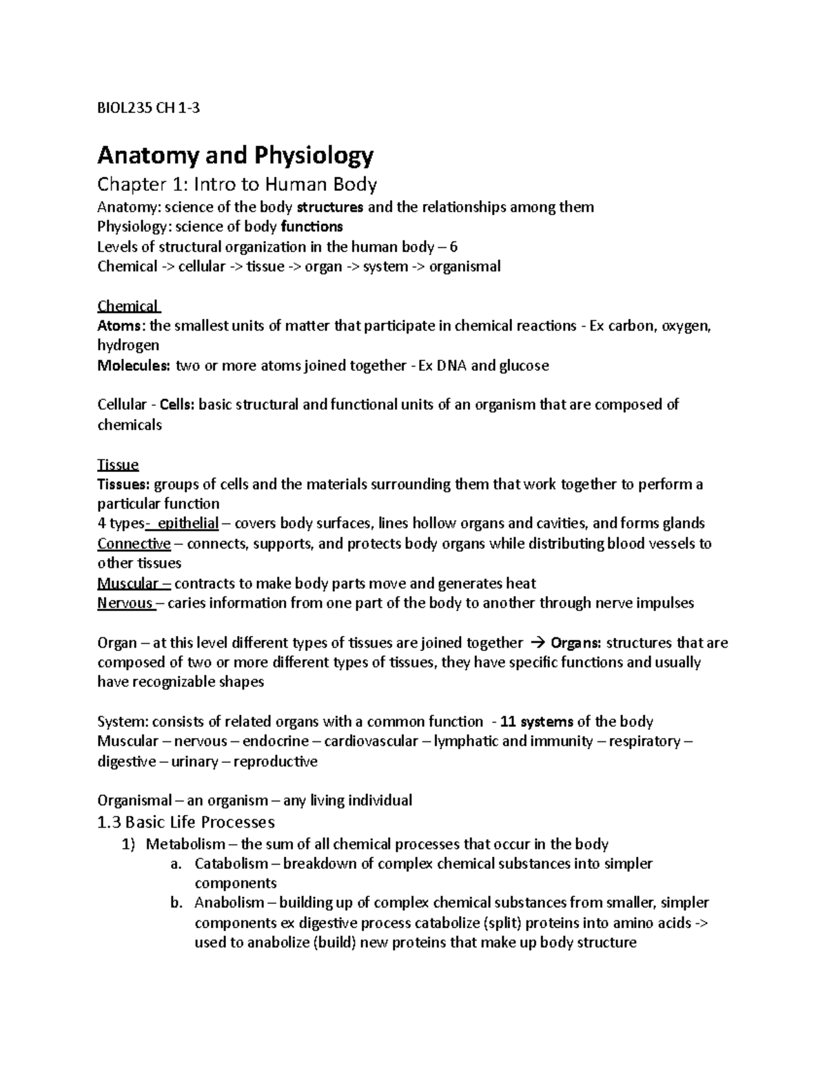 BIOL235 CH 1&2 - BIOL235 CH Anatomy and Physiology Chapter 1: Intro to ...